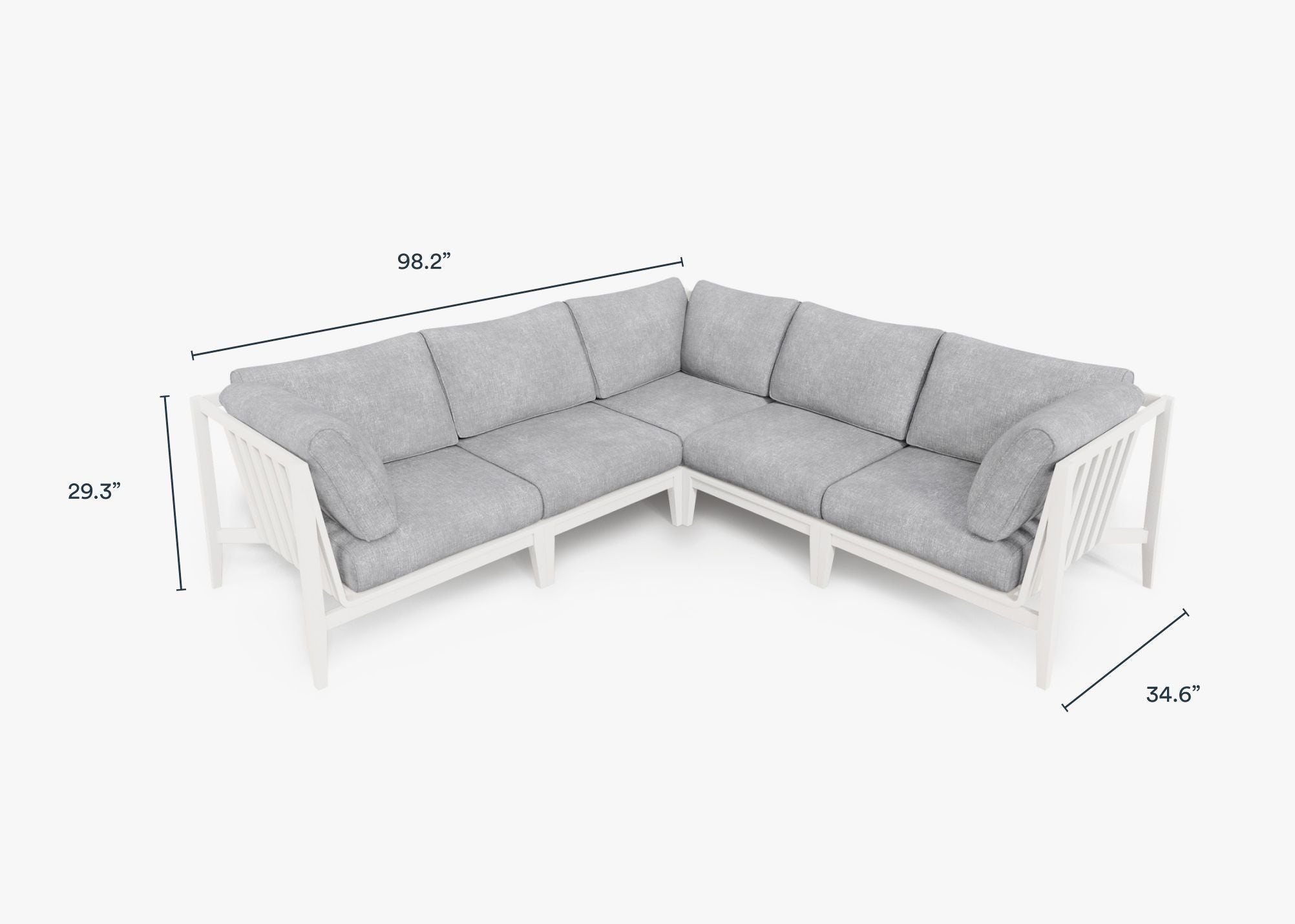 White Aluminum Outdoor Corner Sectional - 5 Seat dimensions in inches, also listed under Dimensions and Weights. #color_pacific fog gray