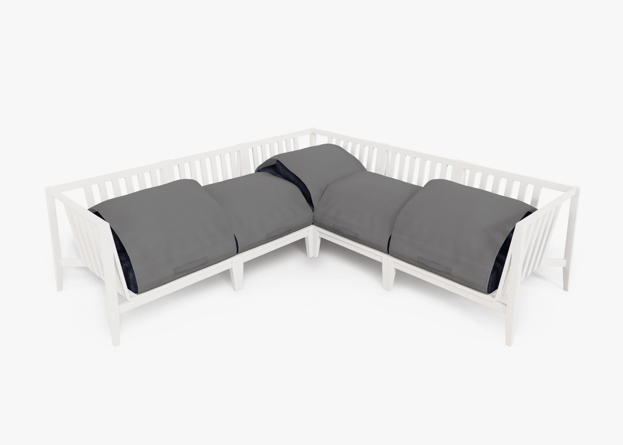 White Aluminum Outdoor Corner Sectional - 5 Seat shown with the OuterShell outdoor cushion cover, offering exclusive integrated protection. #color_deep sea navy