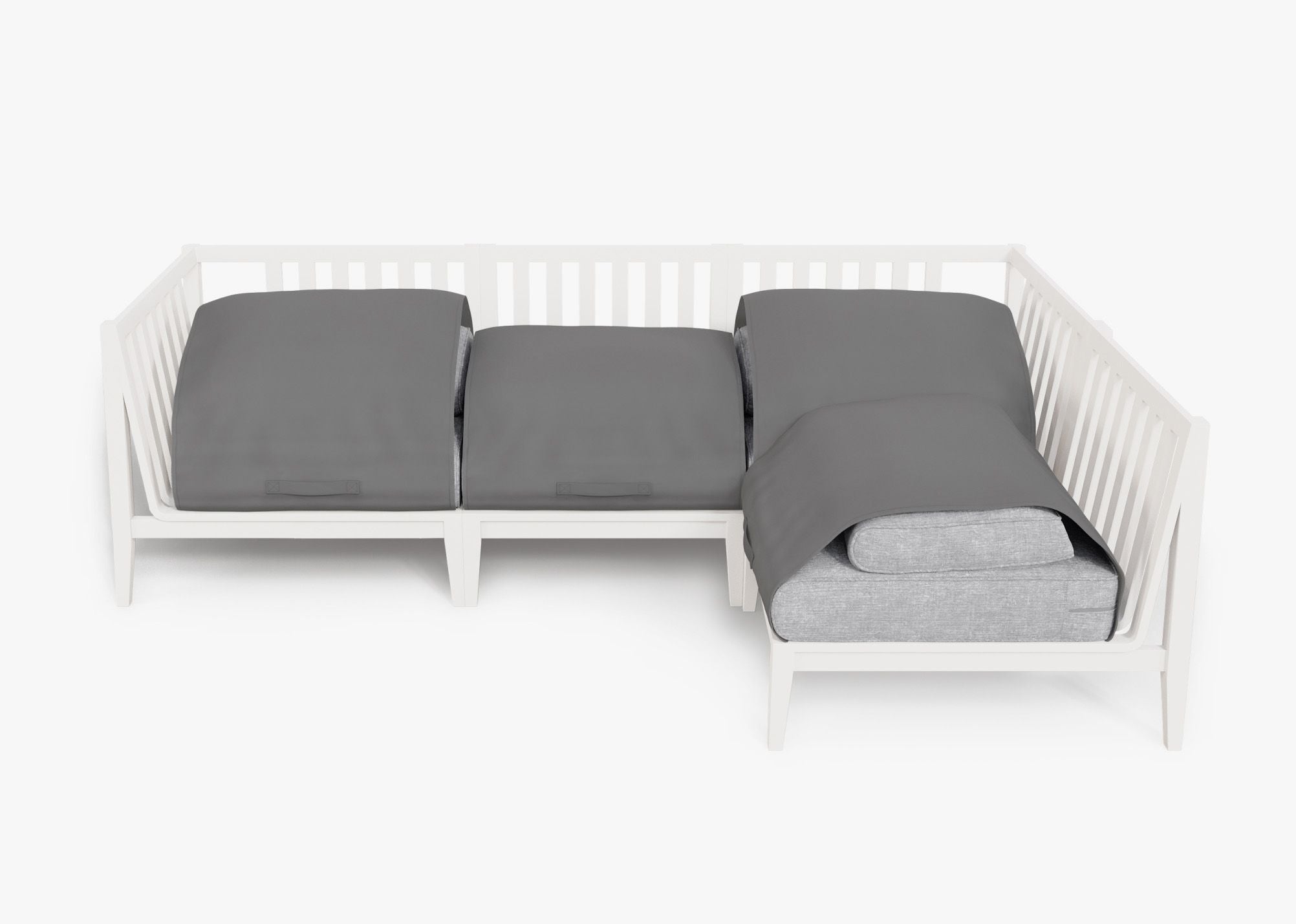 White Aluminum Outdoor L Sectional - 4 Seat shown with the OuterShell outdoor cushion cover, offering exclusive integrated protection. #color_pacific fog gray
