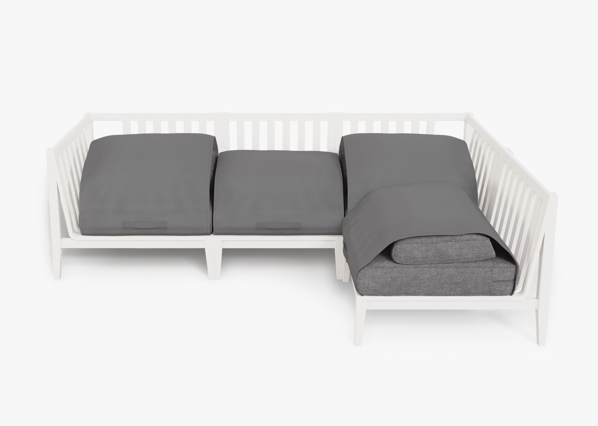 White Aluminum Outdoor L Sectional - 4 Seat shown with the OuterShell outdoor cushion cover, offering exclusive integrated protection. #color_dark pebble gray
