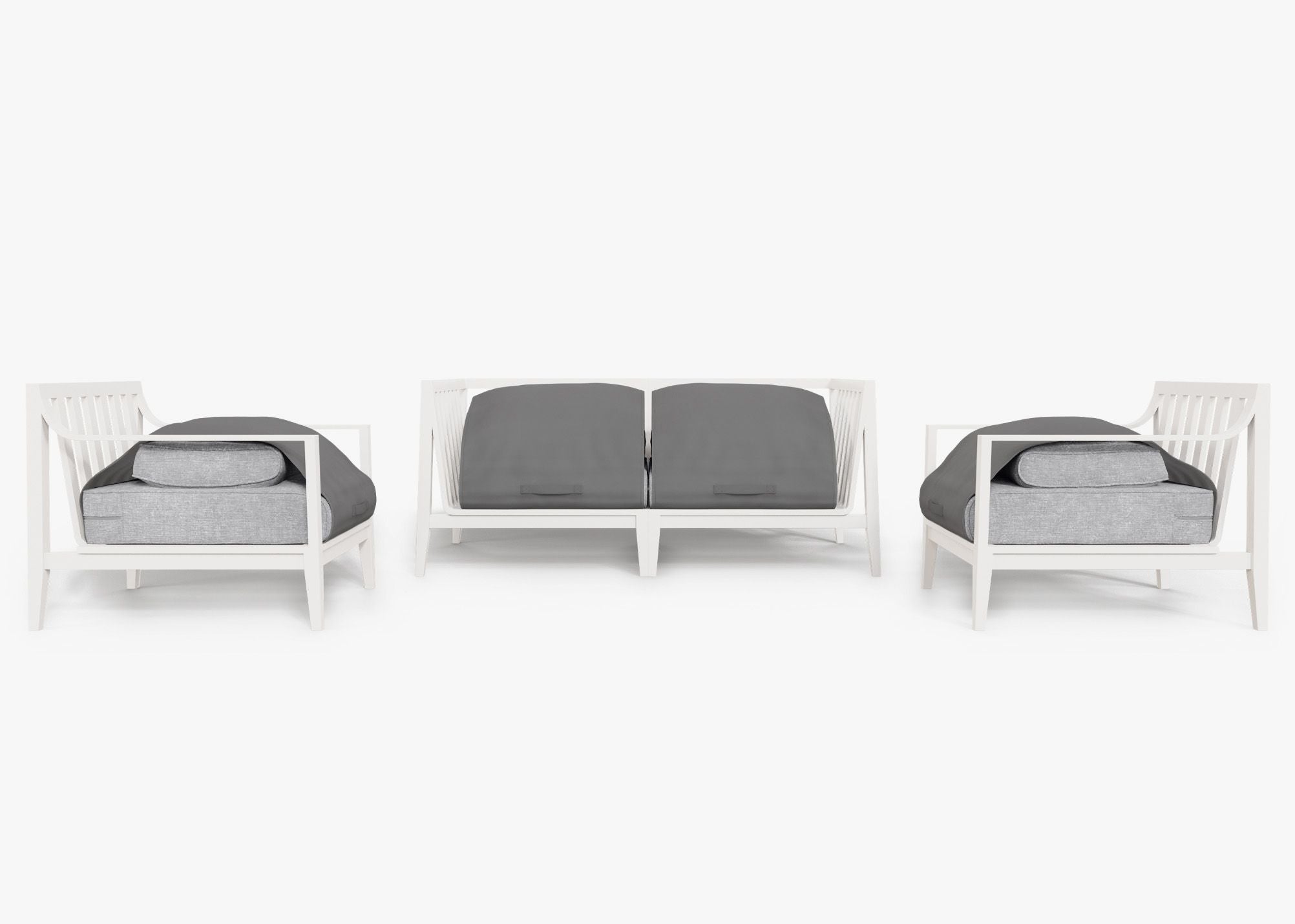 White Aluminum Outdoor Loveseat with Armchairs - 4 Seat shown with the OuterShell outdoor cushion cover, offering exclusive integrated protection. #color_pacific fog gray