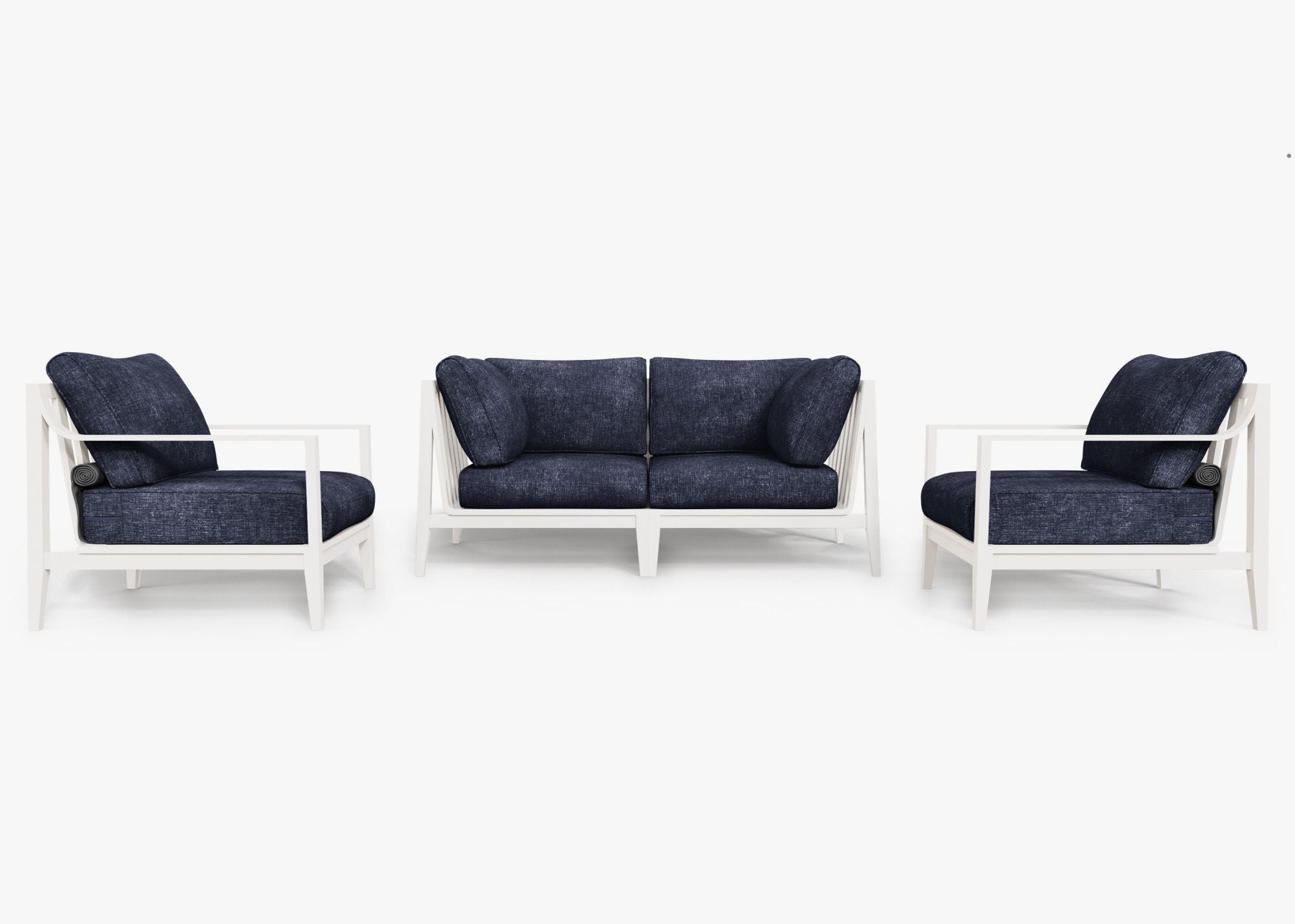 White Aluminum Outdoor Loveseat with Armchairs - 4 Seat, front. Comfortable, durable, and weather resistant outdoor seating with memory foam. #color_deep sea navy
