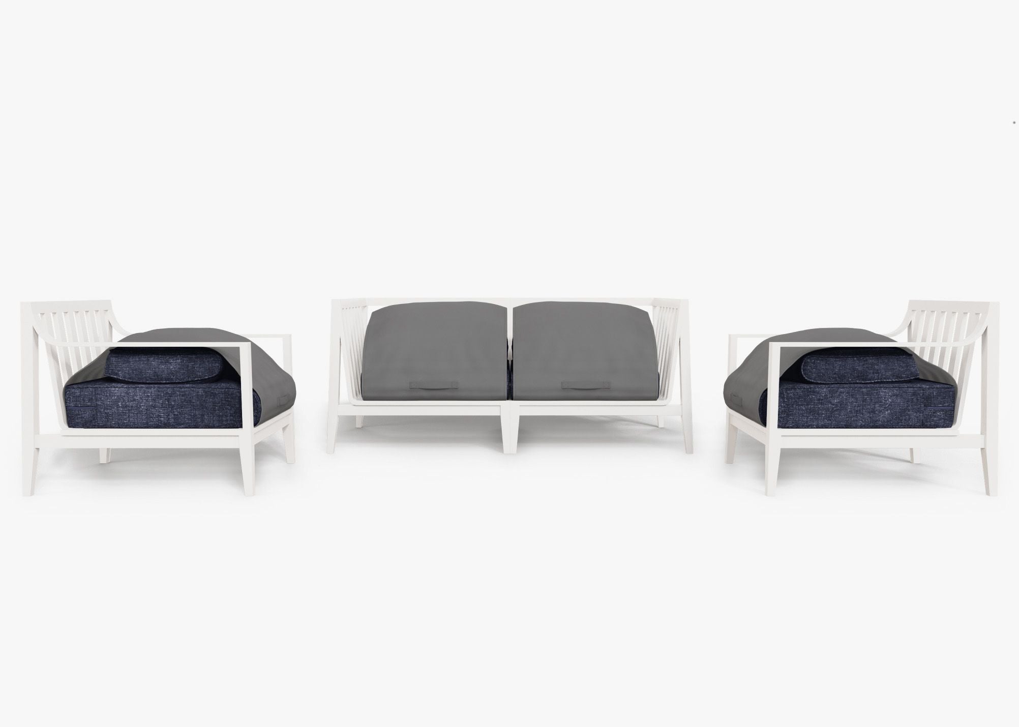 White Aluminum Outdoor Loveseat with Armchairs - 4 Seat shown with the OuterShell outdoor cushion cover, offering exclusive integrated protection. #color_deep sea navy