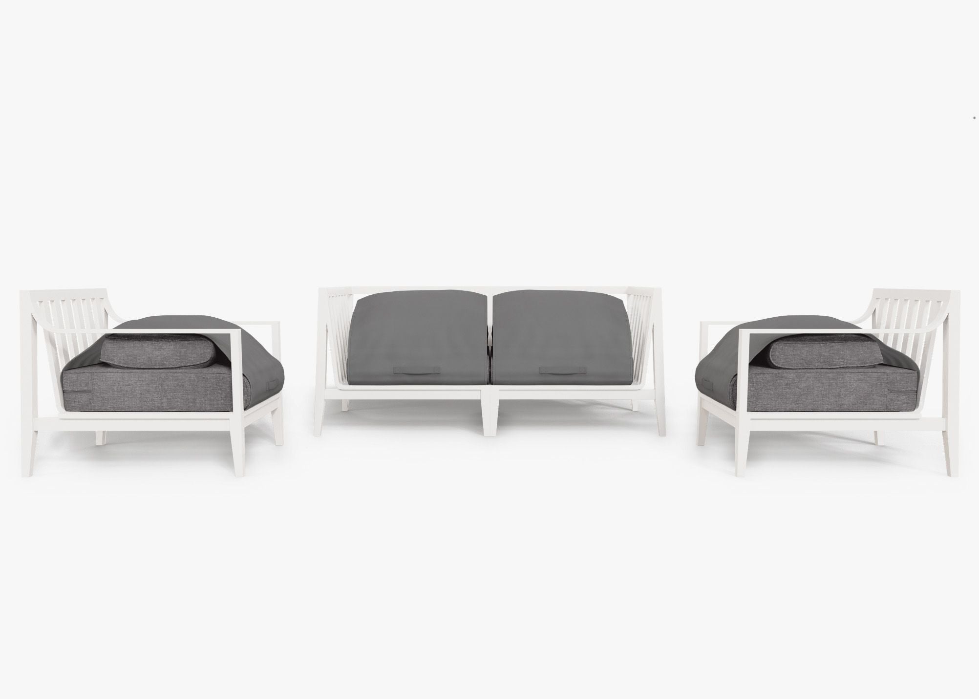 White Aluminum Outdoor Loveseat with Armchairs - 4 Seat shown with the OuterShell outdoor cushion cover, offering exclusive integrated protection. #color_dark pebble gray