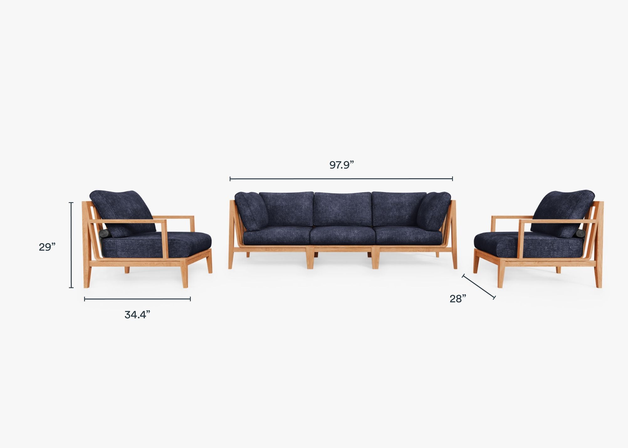 Teak Outdoor Sofa with Armchairs - 5 Seat dimensions in inches, also listed under Dimensions and Weights. #color_deep sea navy