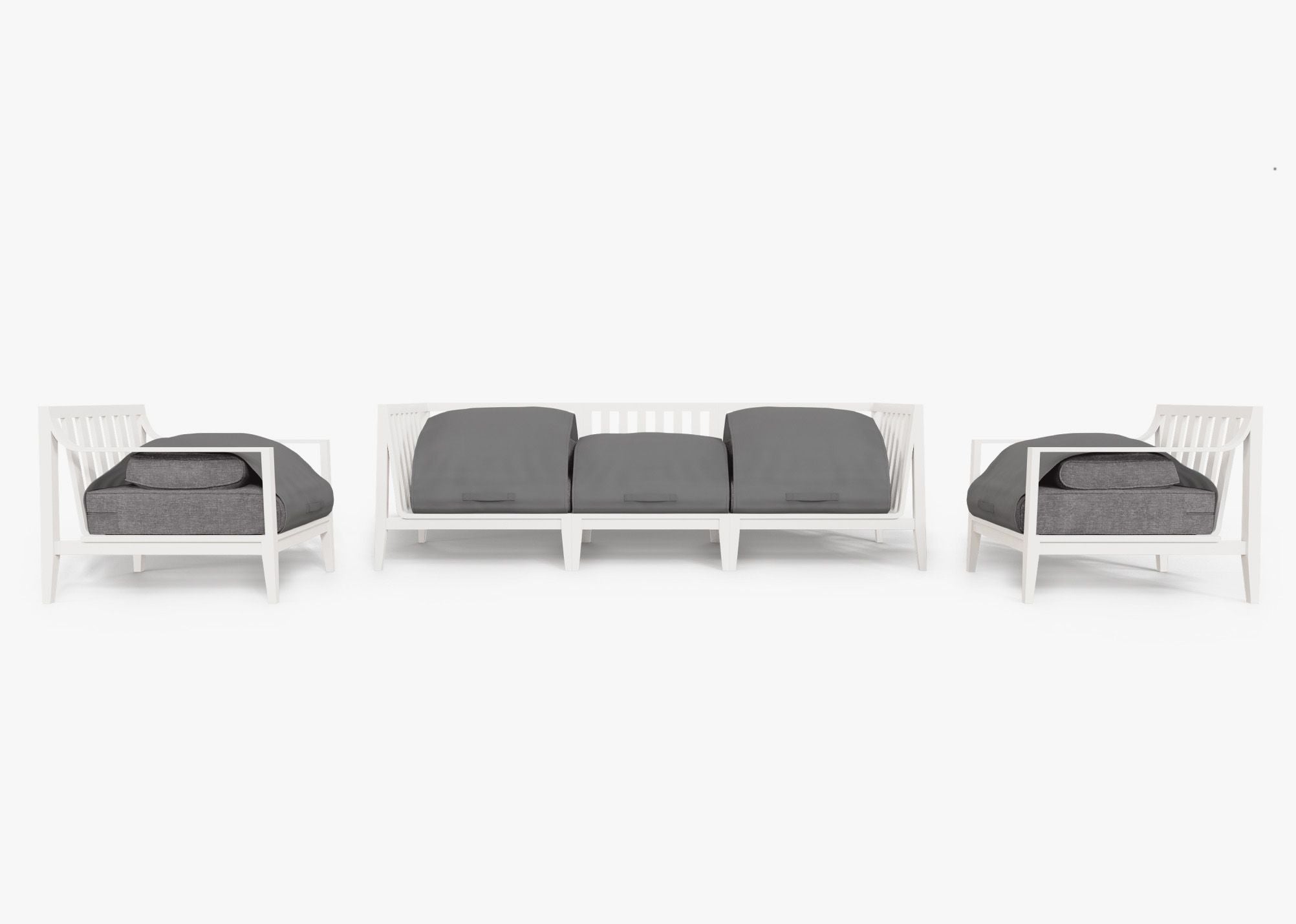 White Aluminum Outdoor Sofa with Armchairs - 5 Seat shown with the OuterShell outdoor cushion cover, offering exclusive integrated protection. #color_dark pebble gray