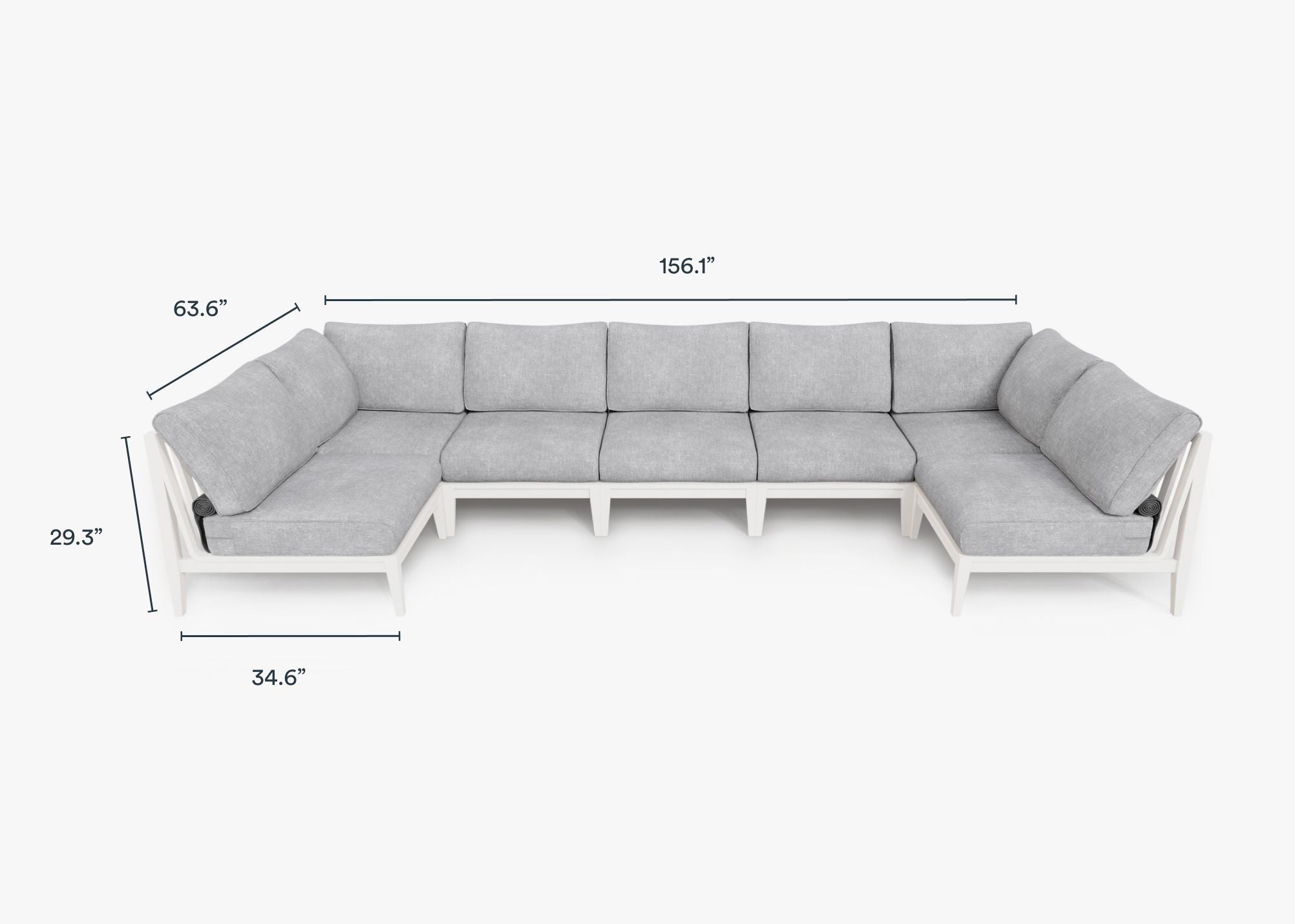 White Aluminum Outdoor U Sectional - 7 Seat dimensions in inches, also listed under Dimensions and Weights. #color_pacific fog gray