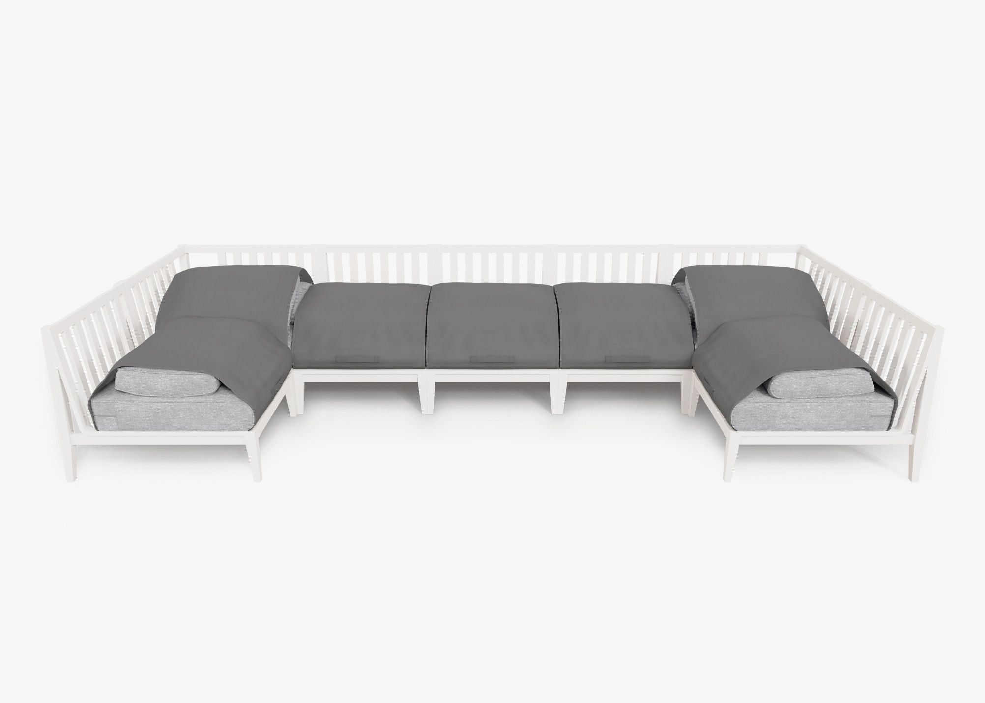 White Aluminum Outdoor U Sectional - 7 Seat shown with the OuterShell outdoor cushion cover, offering exclusive integrated protection. #color_pacific fog gray