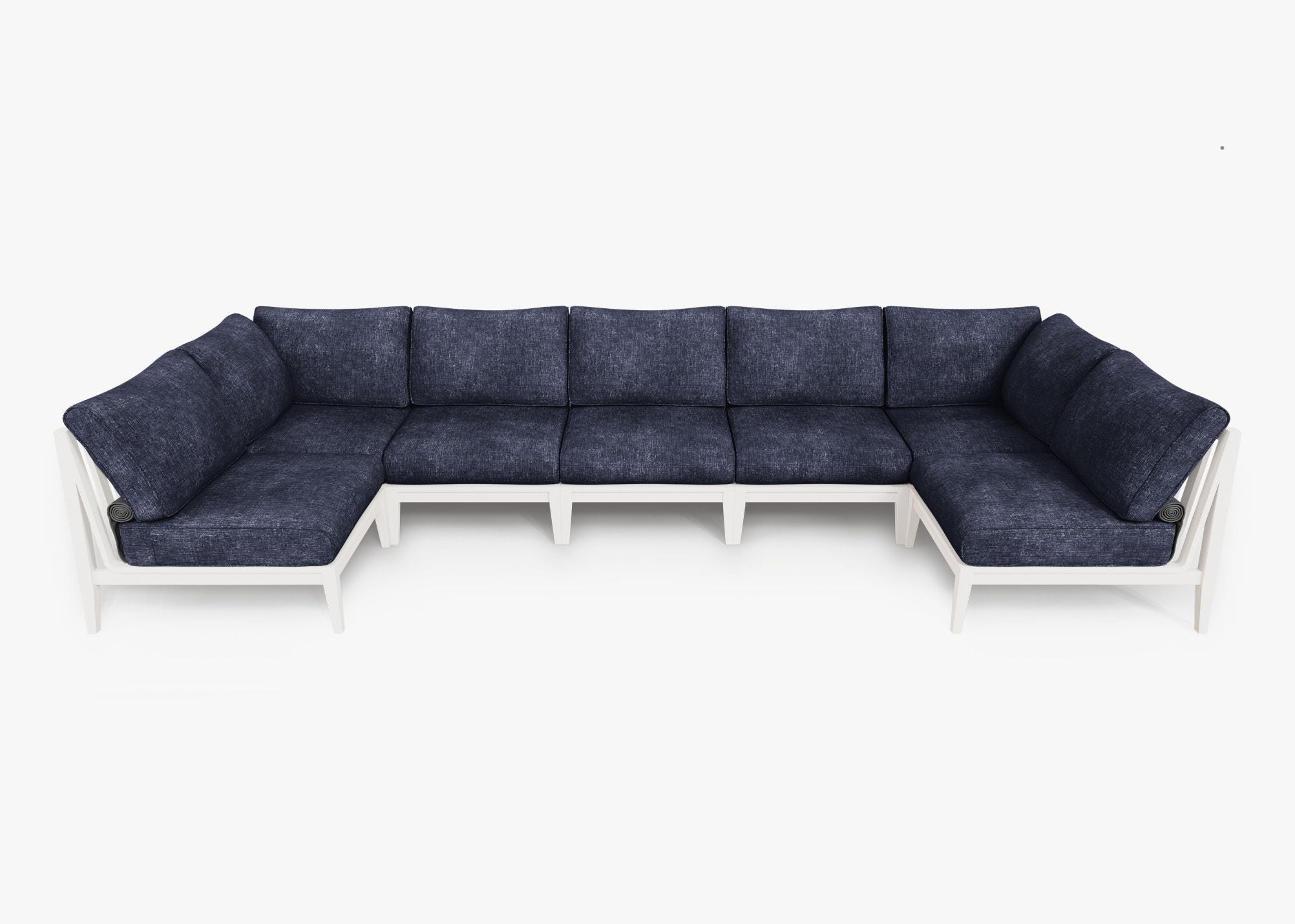 White Aluminum Outdoor U Sectional - 7 Seat, front. Comfortable, durable, and weather resistant outdoor seating with memory foam. #color_deep sea navy