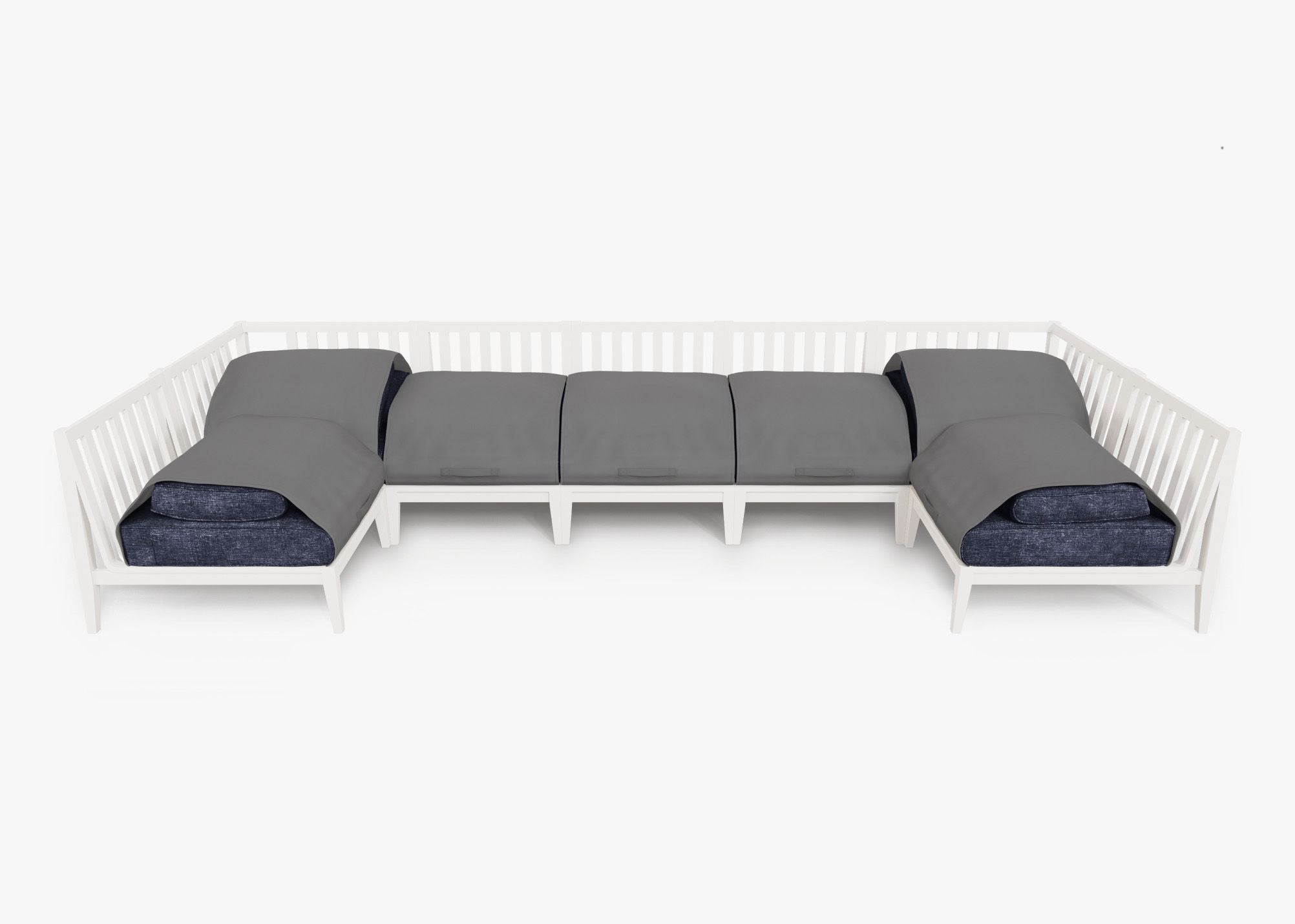 White Aluminum Outdoor U Sectional - 7 Seat shown with the OuterShell outdoor cushion cover, offering exclusive integrated protection. #color_deep sea navy