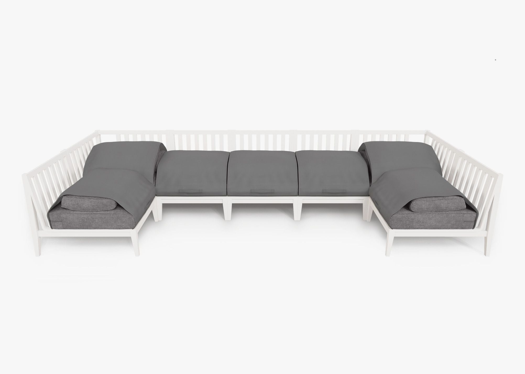 White Aluminum Outdoor U Sectional - 7 Seat shown with the OuterShell outdoor cushion cover, offering exclusive integrated protection. #color_dark pebble gray