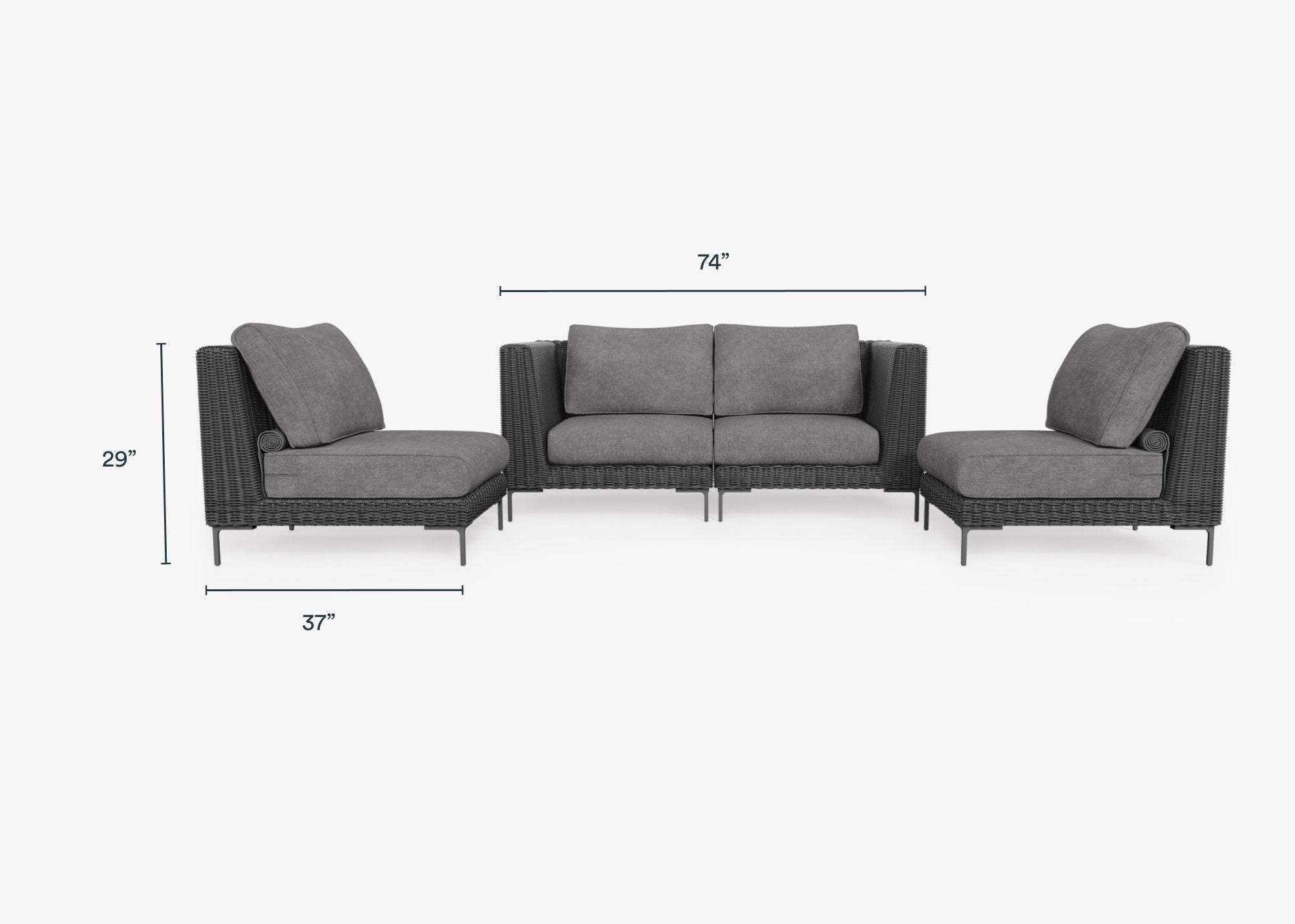Black Wicker Outdoor Loveseat with Armless Chairs - 4 Seat dimensions in inches, also listed under Dimensions and Weights. #color_dark pebble gray