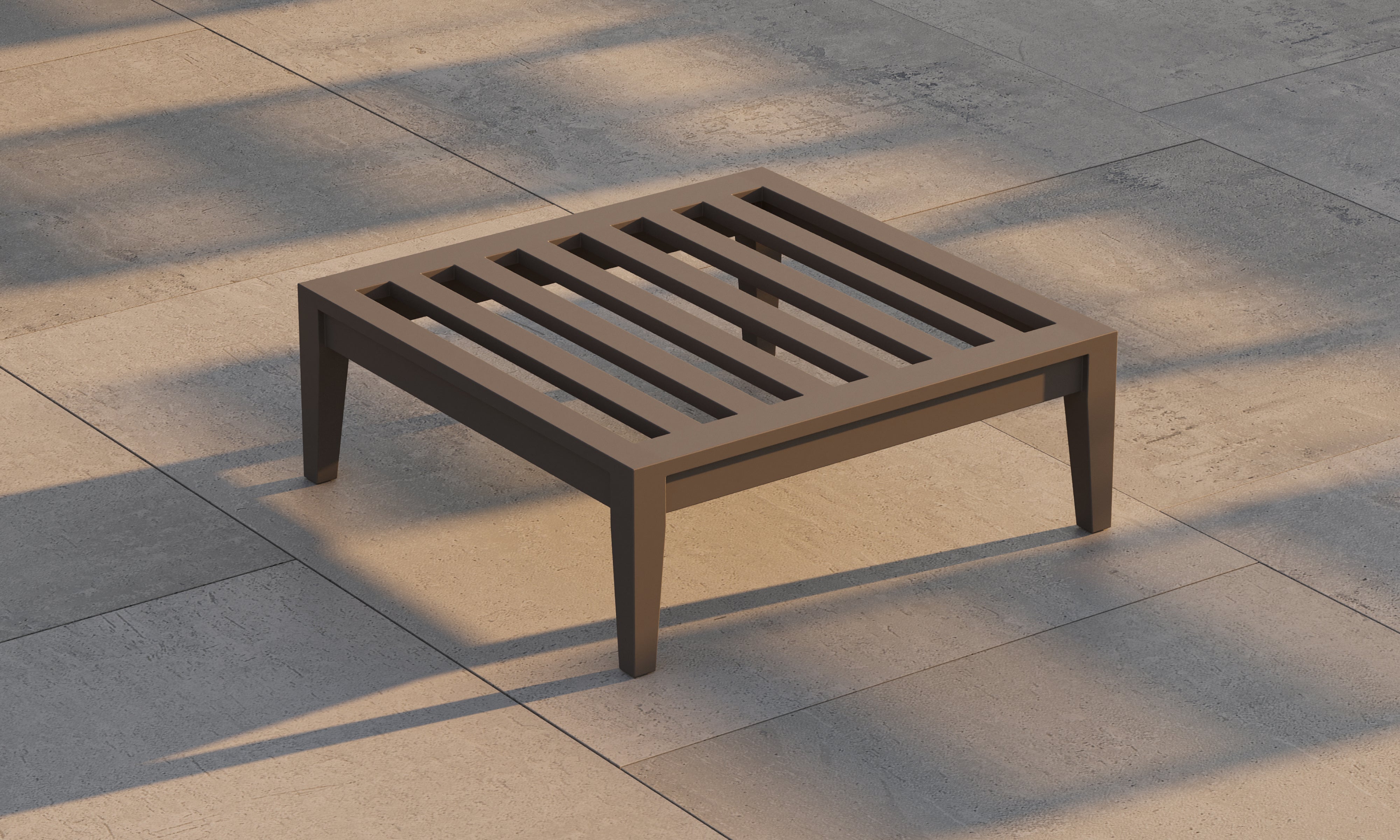 Outer charcoal aluminum ottoman with slatted top on modern patio surface for outdoor seating or side table use