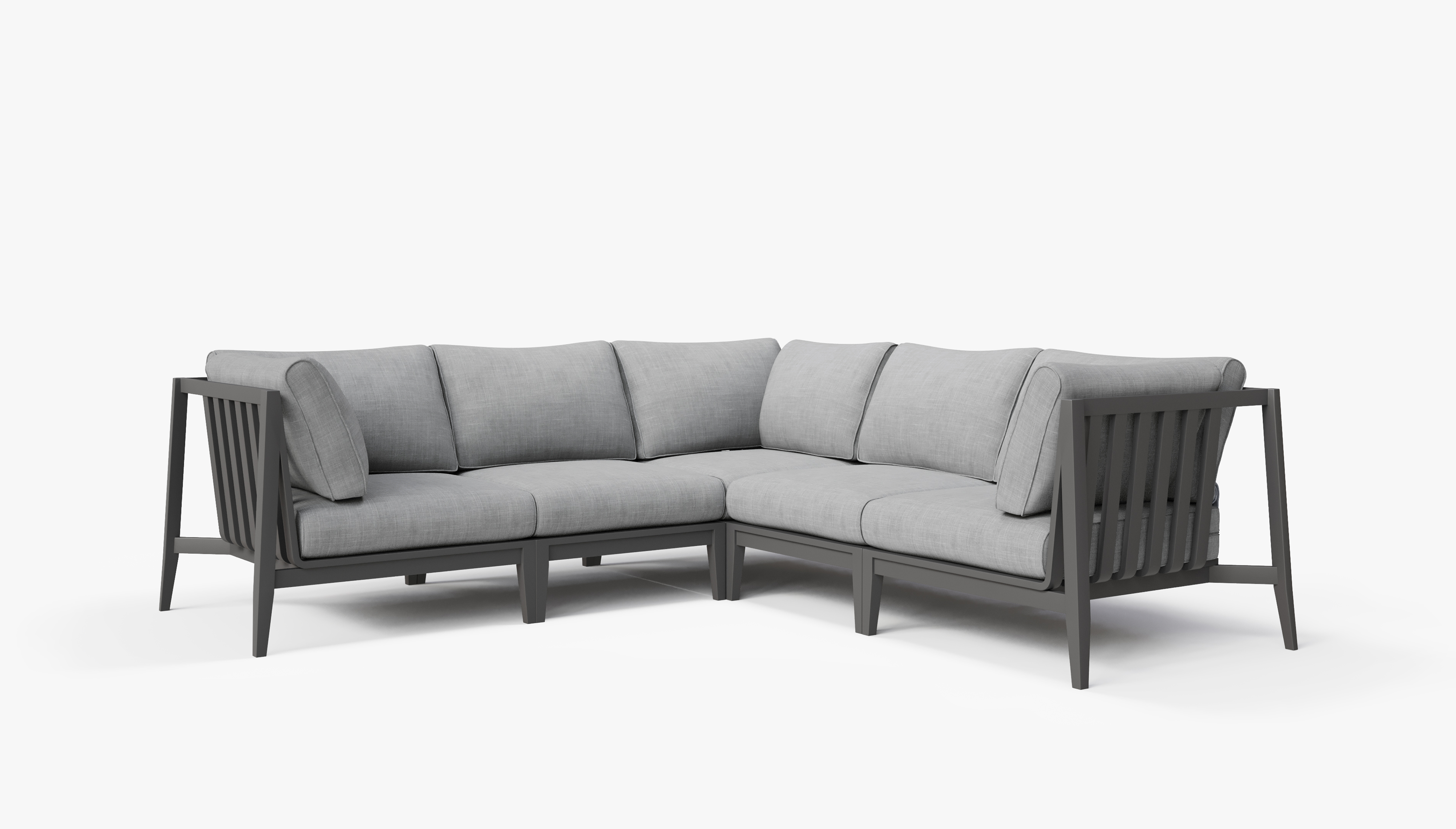 Charcoal Aluminum Outdoor Corner Sectional - 5 Seat, front. Comfortable, durable, and weather resistant outdoor seating with memory foam. #color_pacific fog gray