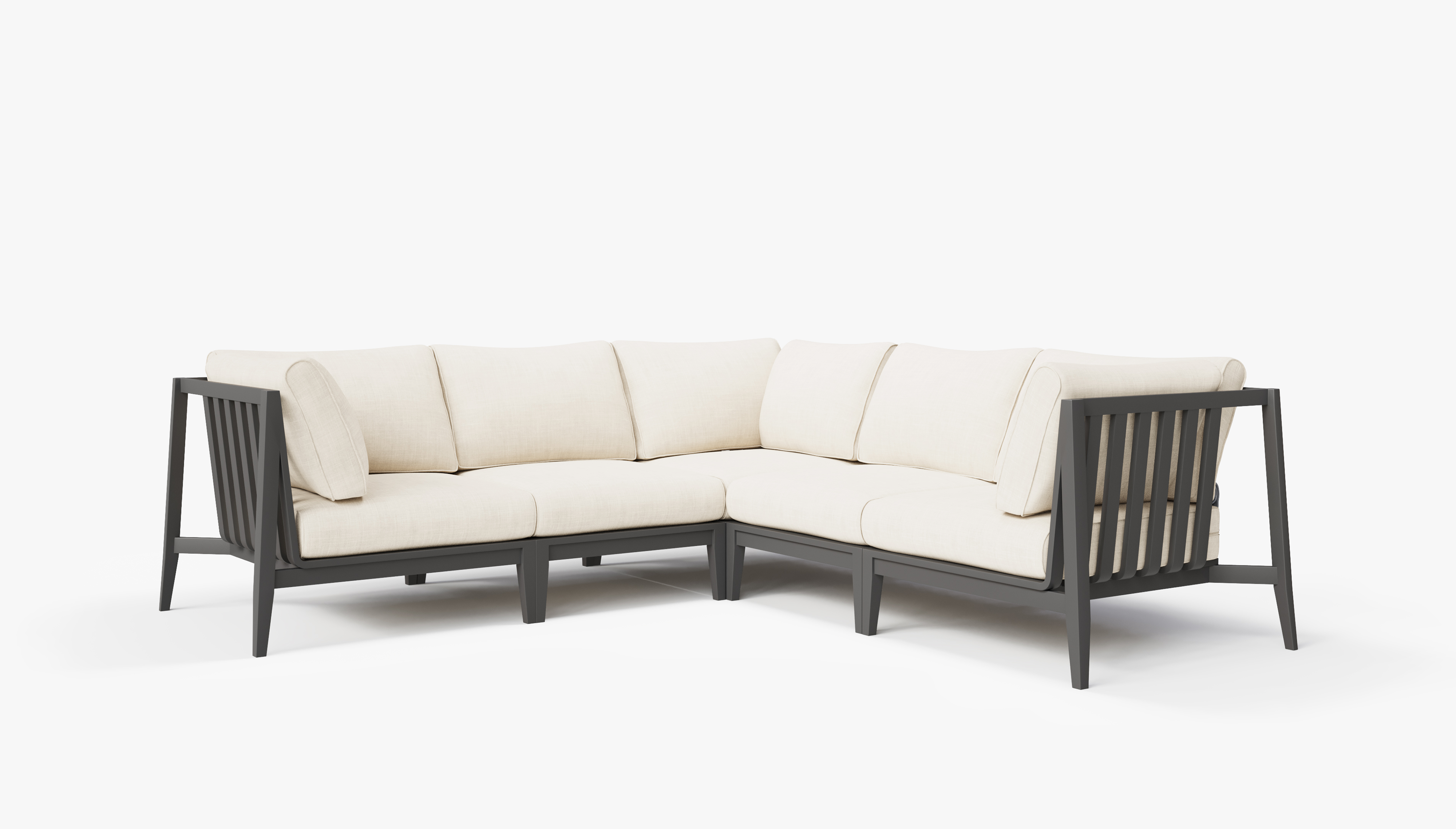 Charcoal Aluminum Outdoor Corner Sectional - 5 Seat, front. Comfortable, durable, and weather resistant outdoor seating with memory foam. #color_palisades cream
