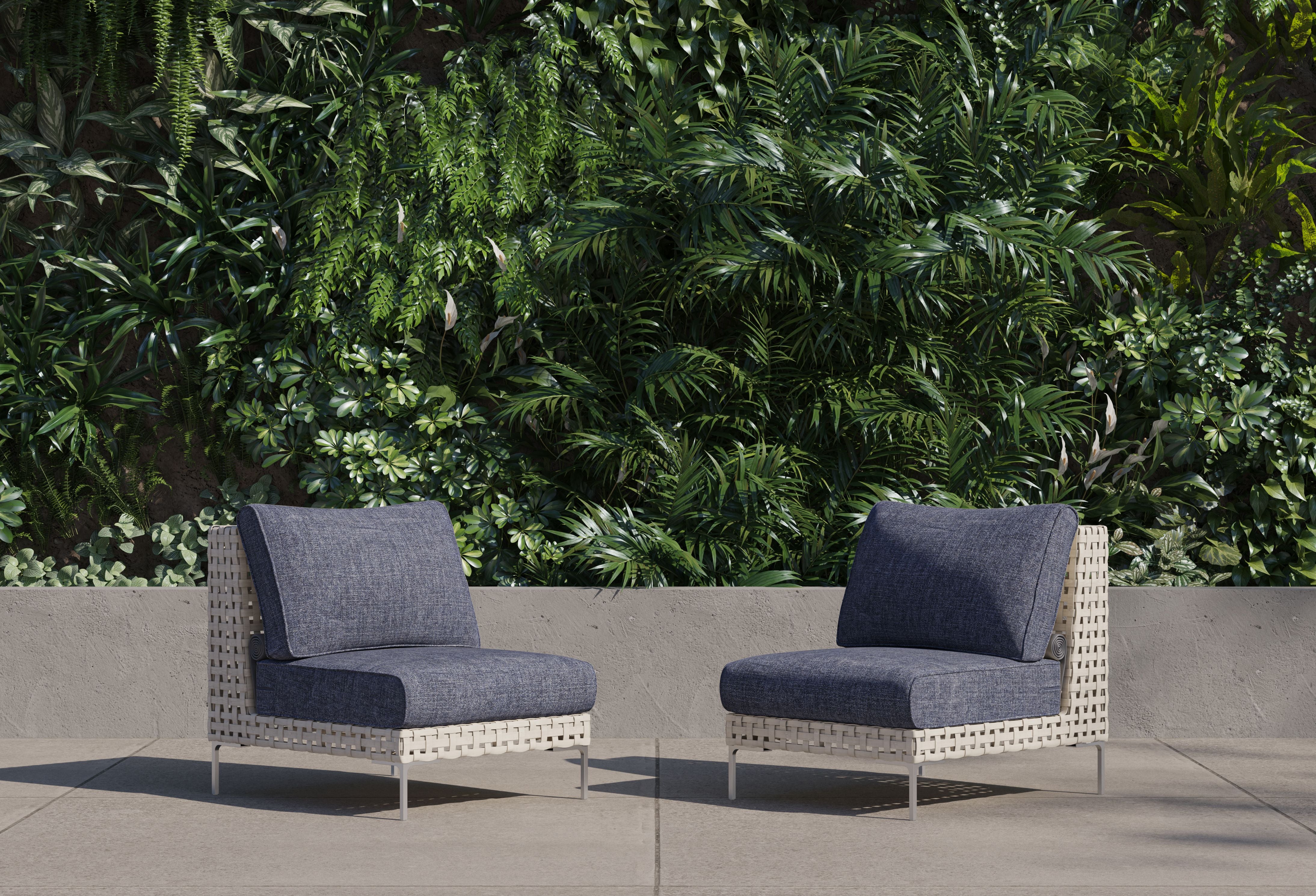 Open Weave Wicker Outdoor Armless Chair Conversation Set #title_deep sea navy