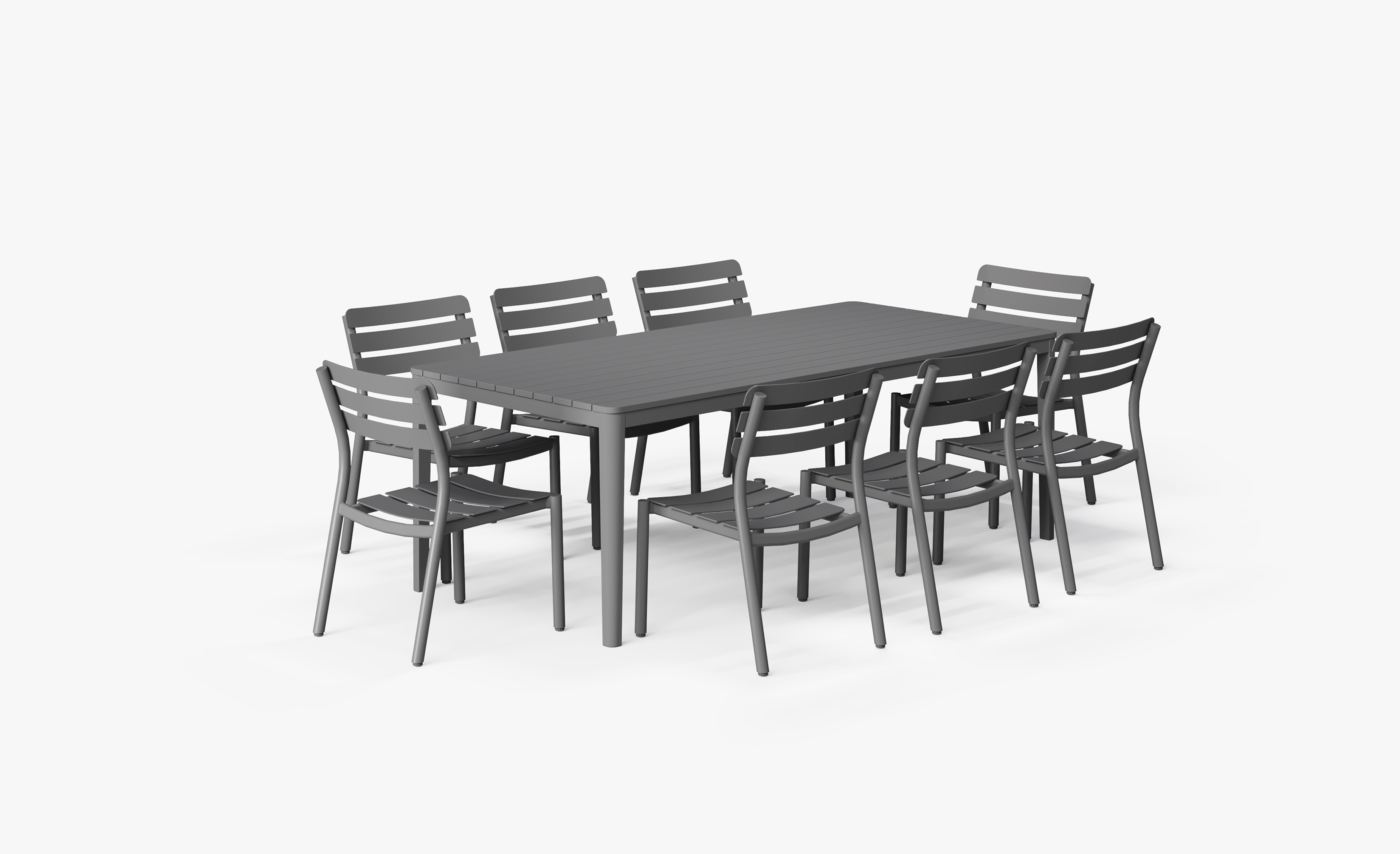 outer-Aluminum Outdoor Rectangular Dining Table + 8 595 Dining Armless Chairs-outdoor rectangular aluminum dining table set for eight with matching armless chairs on white background