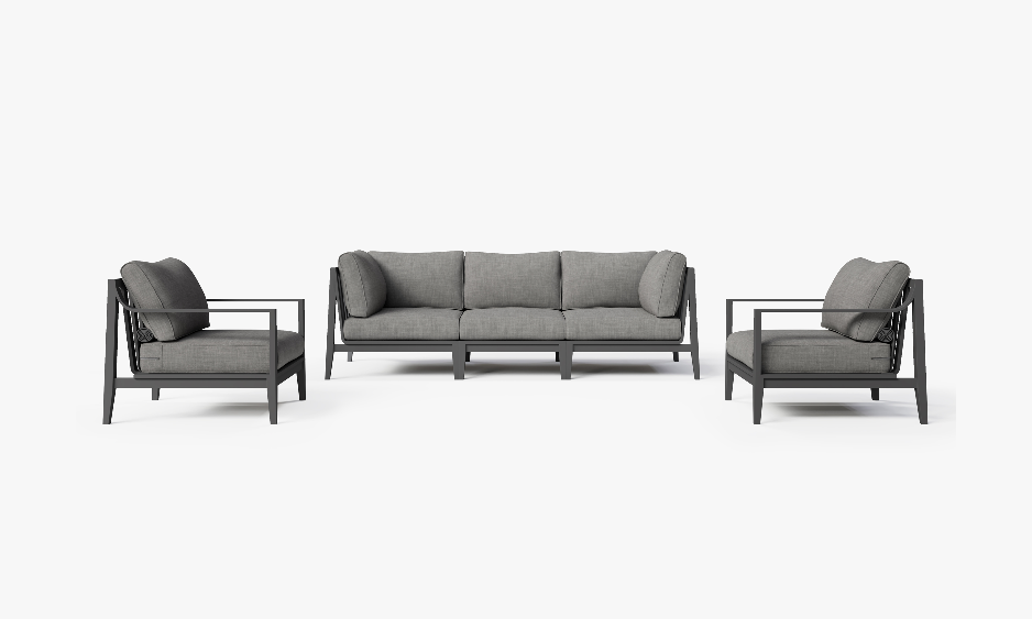 Charcoal Aluminum Outdoor Sofa with Armchairs - 5 Seat, front. Comfortable, durable, and weather resistant outdoor seating with memory foam.