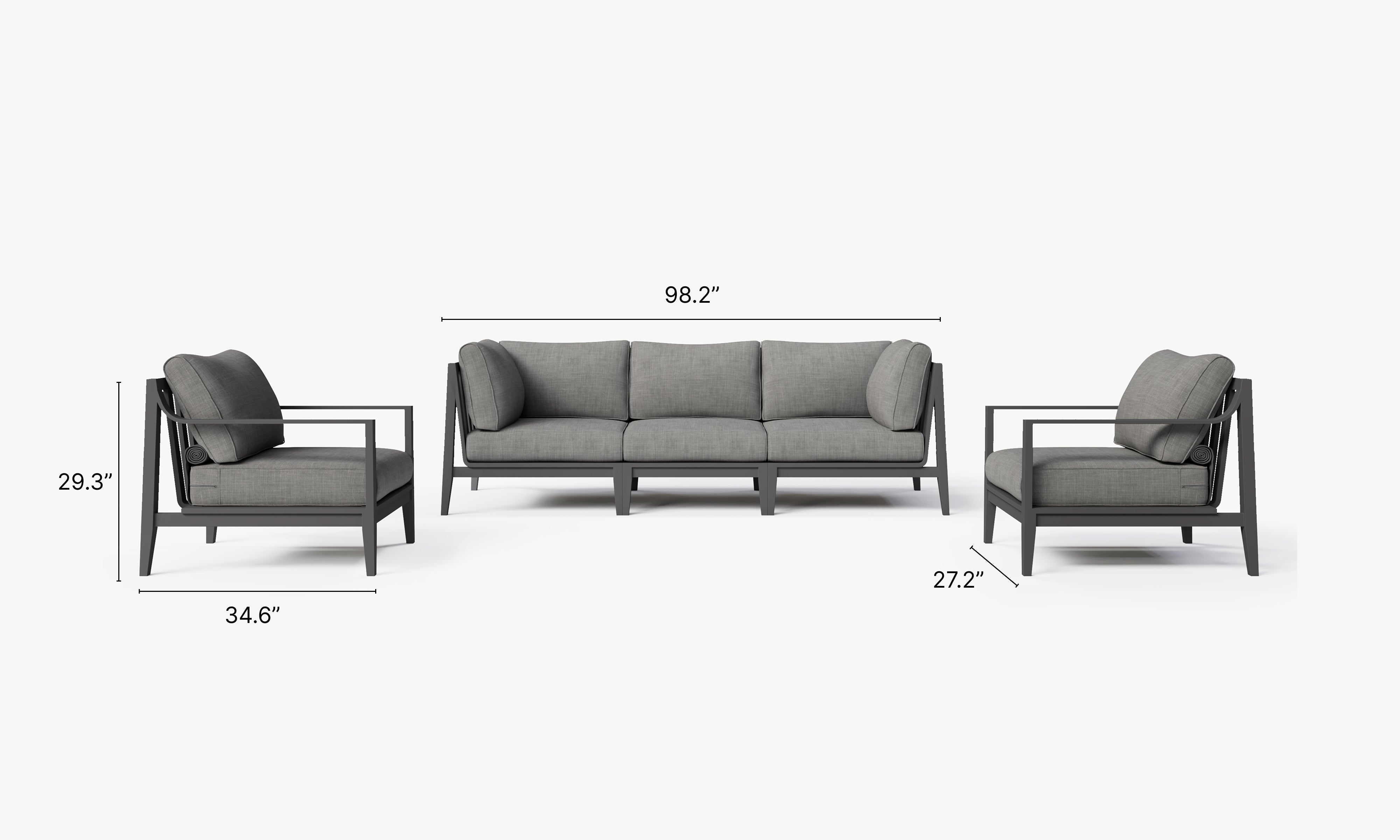 Charcoal Aluminum Outdoor Sofa with Armchairs - 5 Seat dimensions in inches, also listed under Dimensions and Weights. #color_dark pebble gray