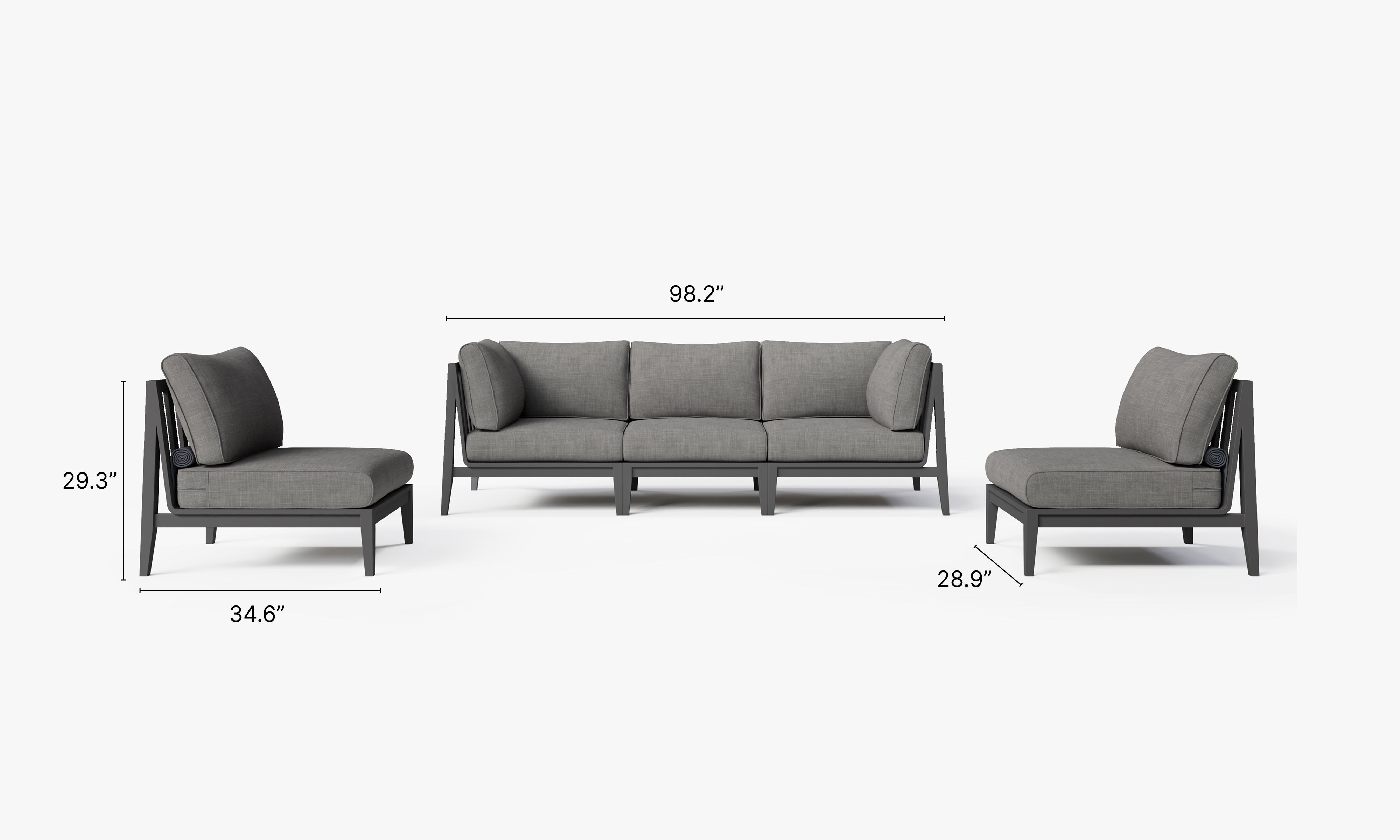 Charcoal Aluminum Outdoor Sofa with Armless Chairs - 5 Seat dimensions in inches, also listed under Dimensions and Weights. #color_dark pebble gray