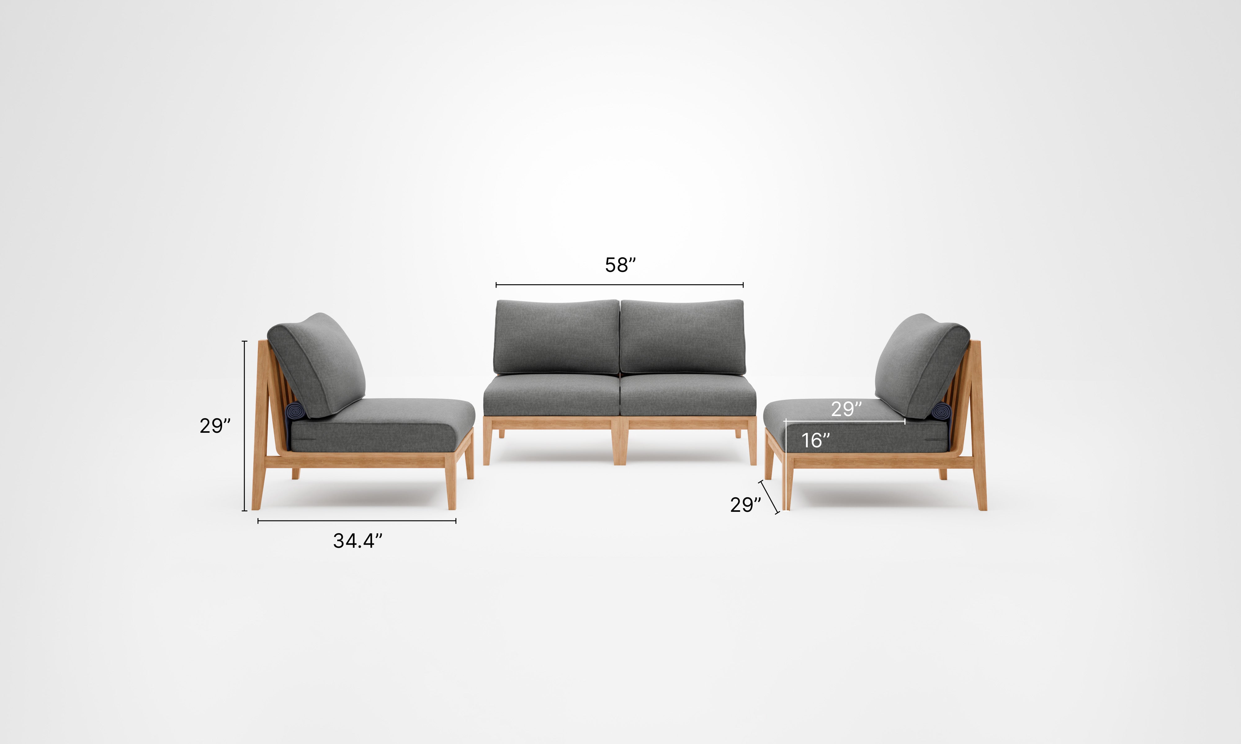 Armless teak outdoor loveseat with beige cushions, featuring a slatted wood design and a low-profile frame.-teak outdoor sofa-outer #color_dark pebble gray