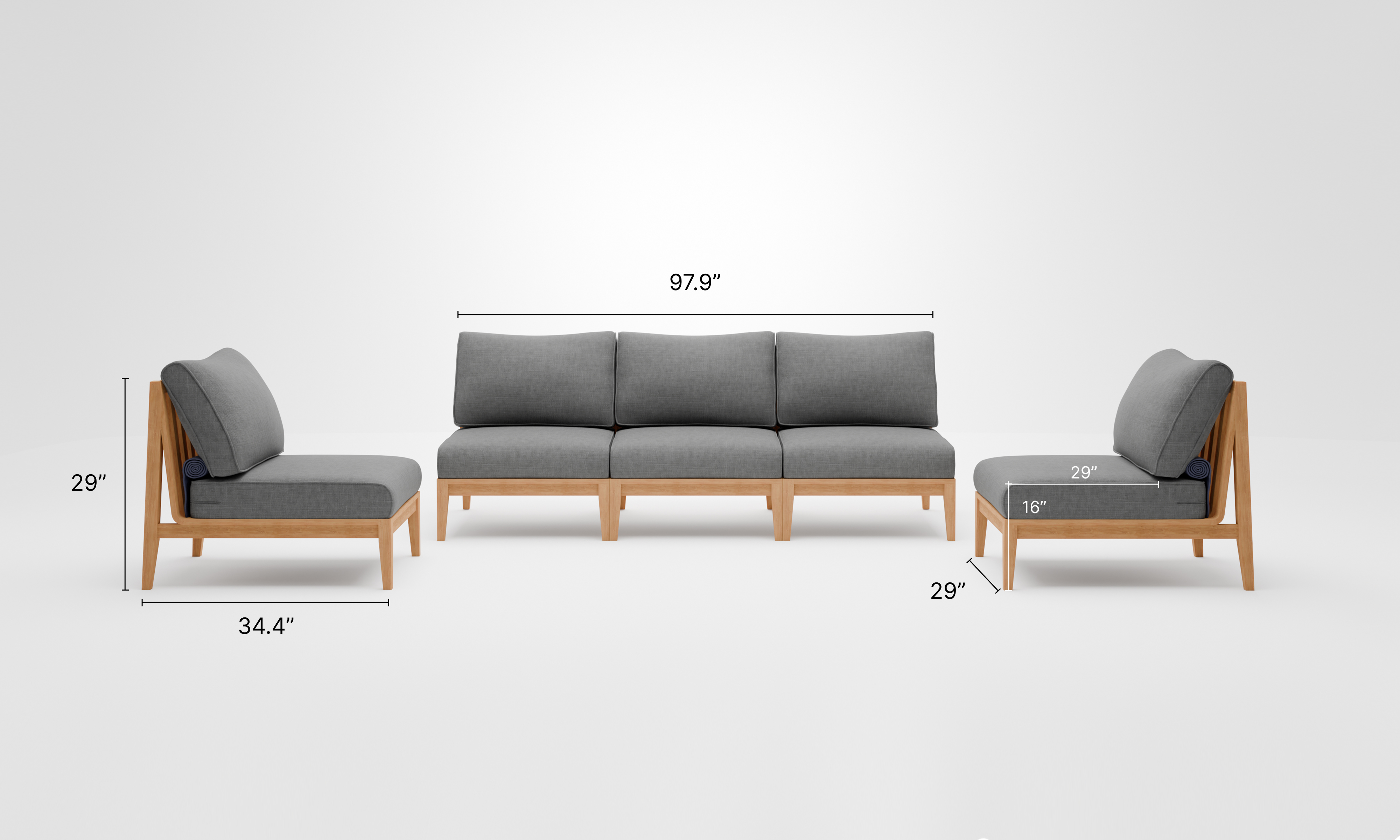 A teak outdoor sofa with white cushions, featuring an armless design and a slatted wooden frame, set against a plain white background.-teak outdoor sofa-outer #color_dark pebble gray