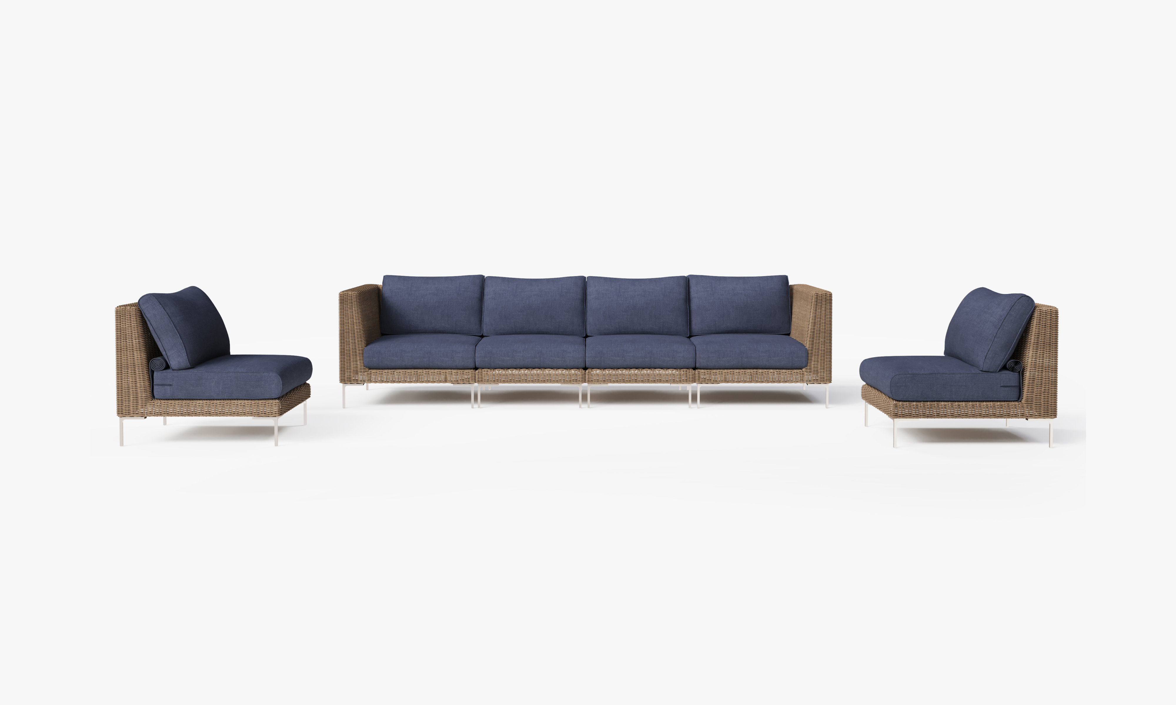 Brown Wicker Outdoor Sofa with Armless Chairs - 6 Seat, front. Comfortable, durable, and weather resistant outdoor seating with memory foam. #color_deep sea navy