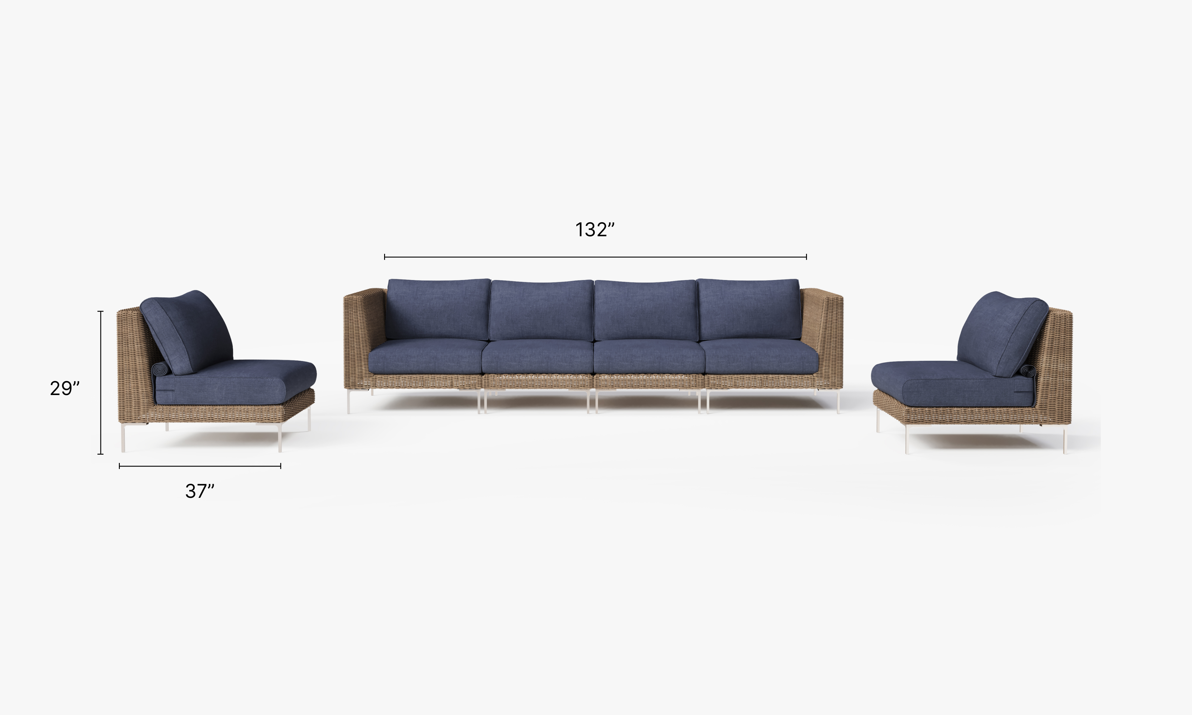 Brown Wicker Outdoor Sofa with Armless Chairs - 6 Seat dimensions in inches, also listed under Dimensions and Weights. #color_deep sea navy