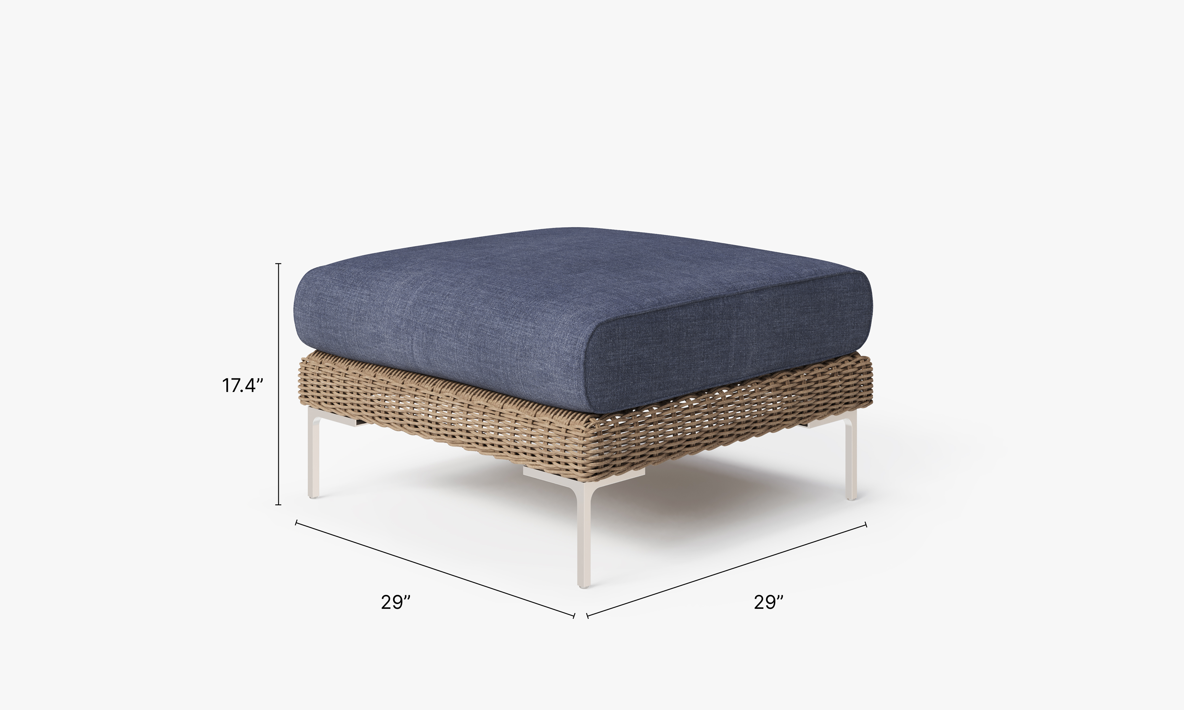 Brown Wicker Outdoor Ottoman dimensions in inches, also listed under Dimensions and Weights. #color_deep sea navy