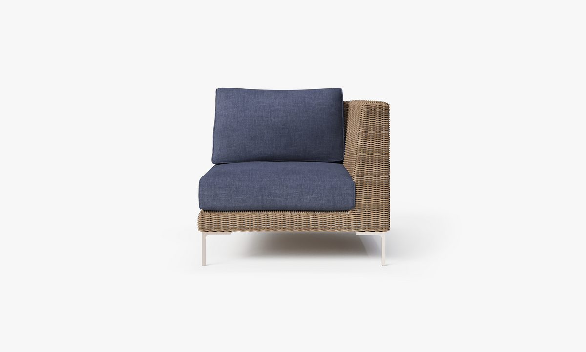 Brown Wicker Outdoor Corner Chair - Left/Right, front. Comfortable, durable, and weather resistant outdoor seating with memory foam. #color_deep sea navy