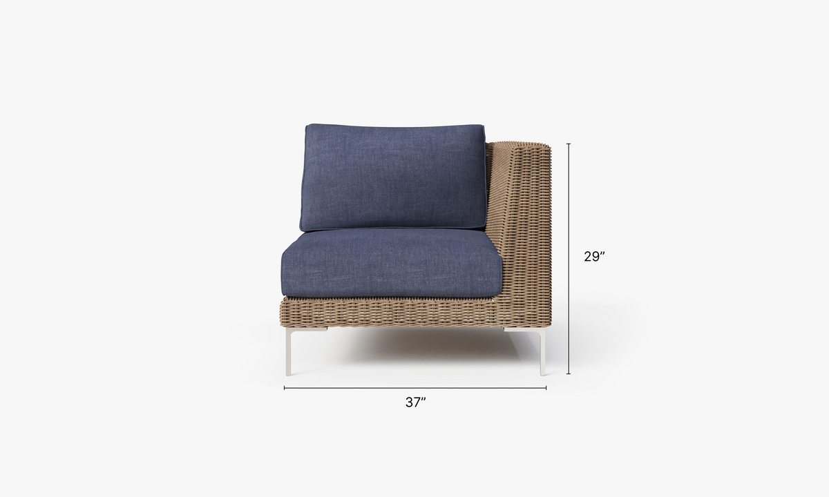 Brown Wicker Outdoor Corner Chair - Left/Right dimensions in inches, also listed under Dimensions and Weights. #color_deep sea navy