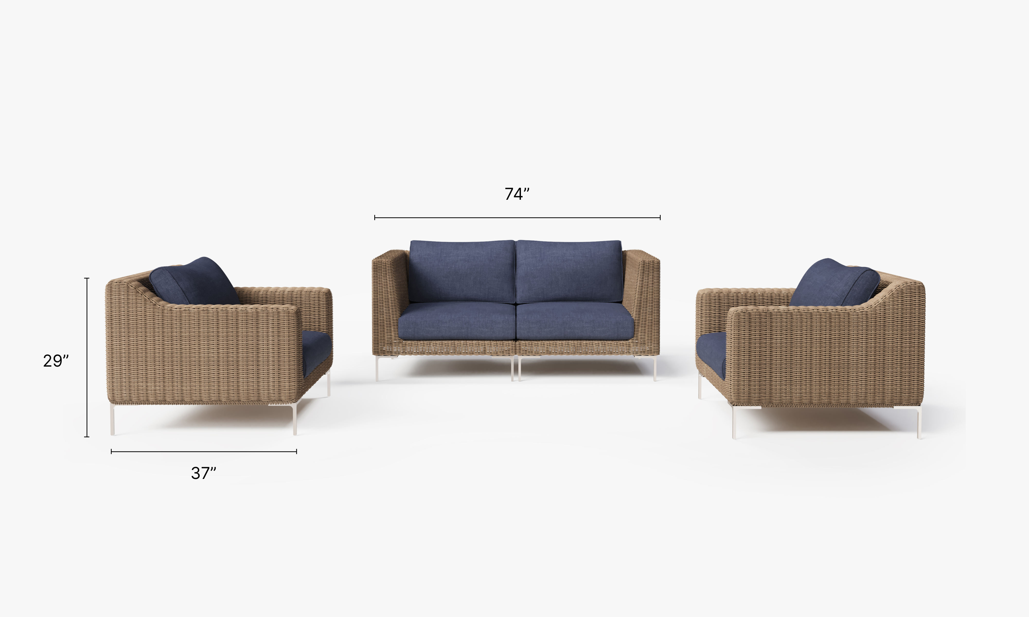 Brown Wicker Outdoor Loveseat with Armchairs - 4 Seat dimensions in inches, also listed under Dimensions and Weights. #color_deep sea navy