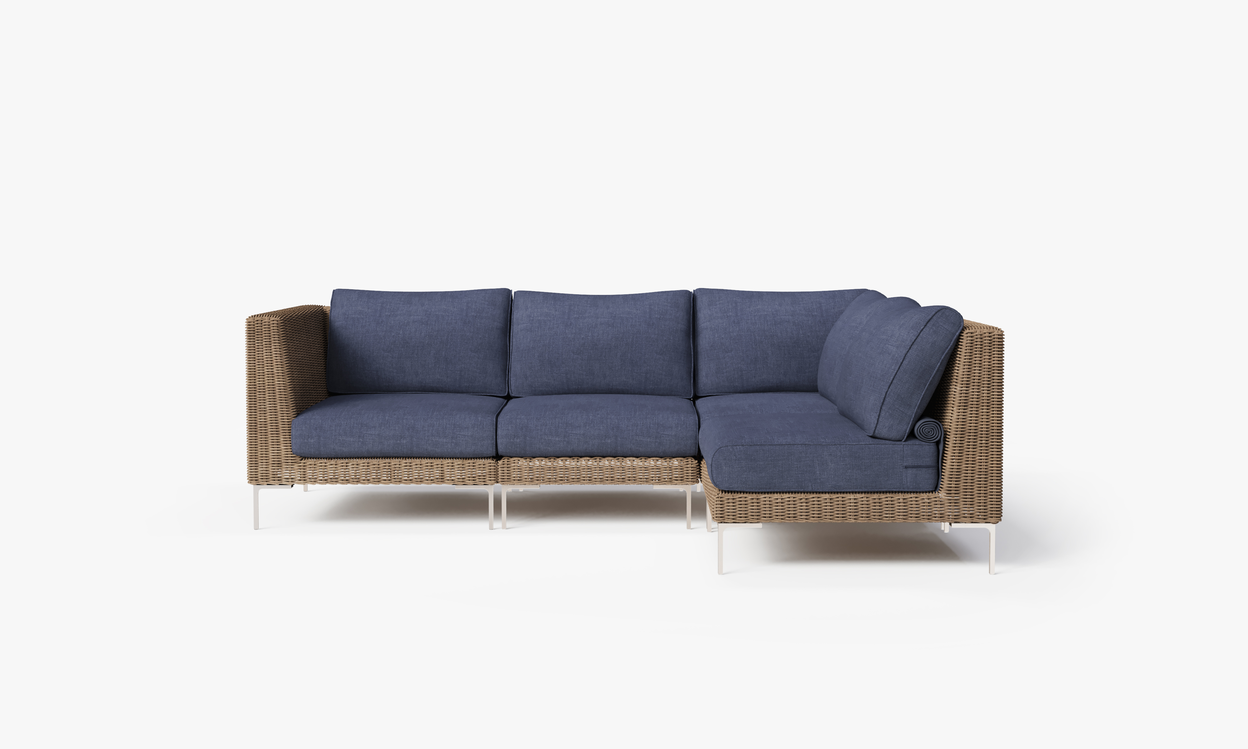 Brown Wicker Outdoor L Sectional - 4 Seat, front. Comfortable, durable, and weather resistant outdoor seating with memory foam. #color_deep sea navy