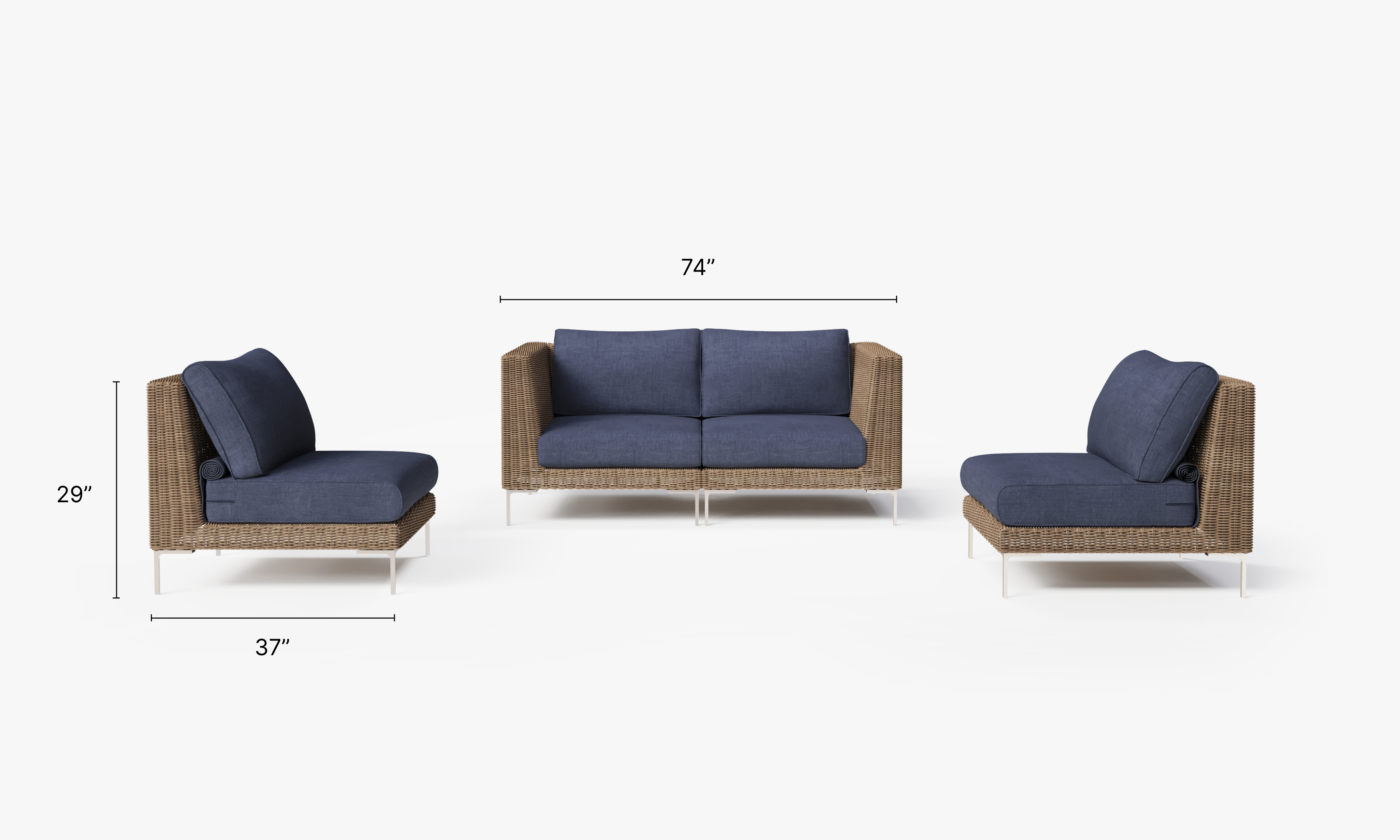 Brown Wicker Outdoor Loveseat with Armless Chairs - 4 Seat dimensions in inches, also listed under Dimensions and Weights. #color_deep sea navy