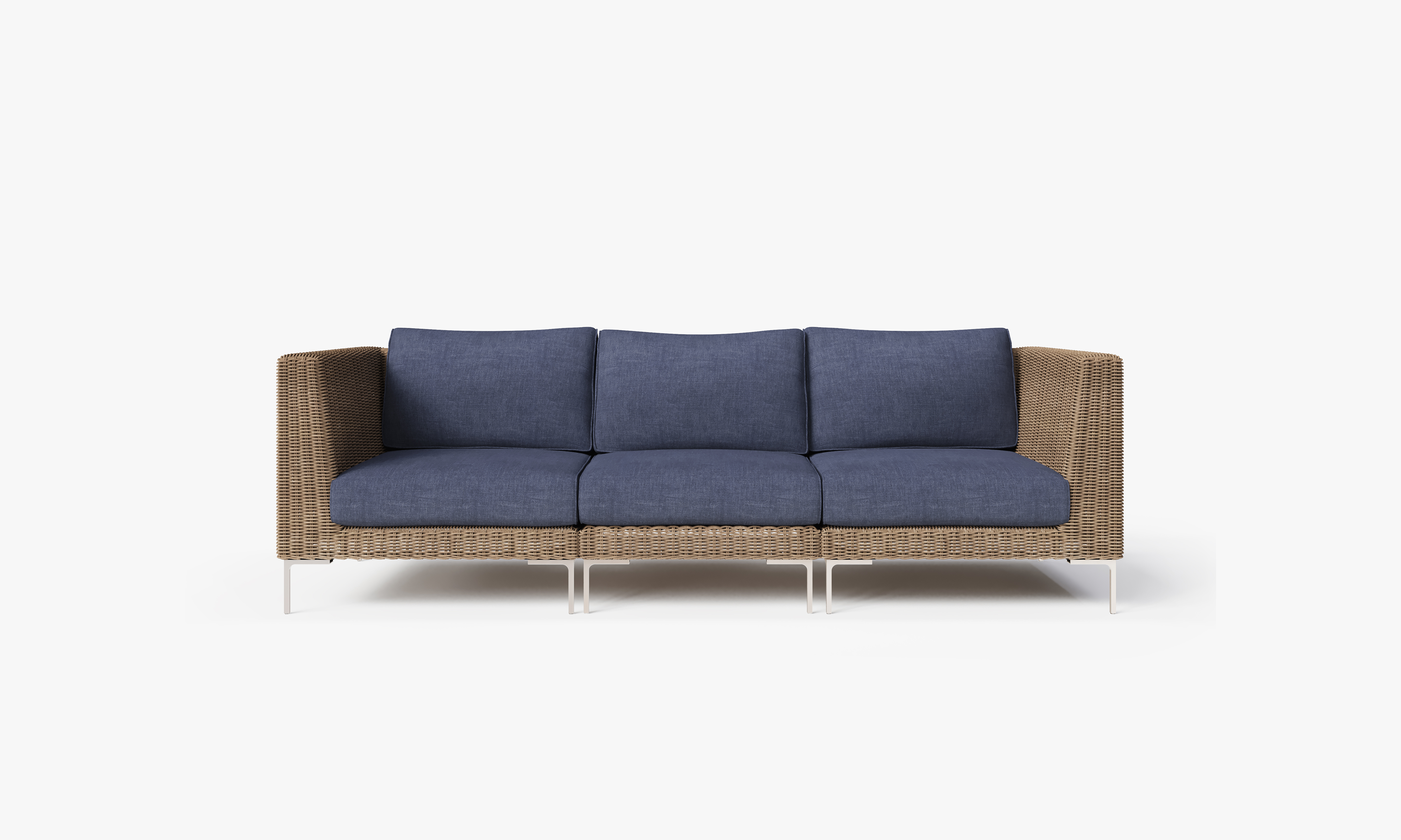 Brown Wicker Outdoor Sofa - 3 Seat, front. Comfortable, durable, and weather resistant outdoor seating with memory foam. #color_deep sea navy