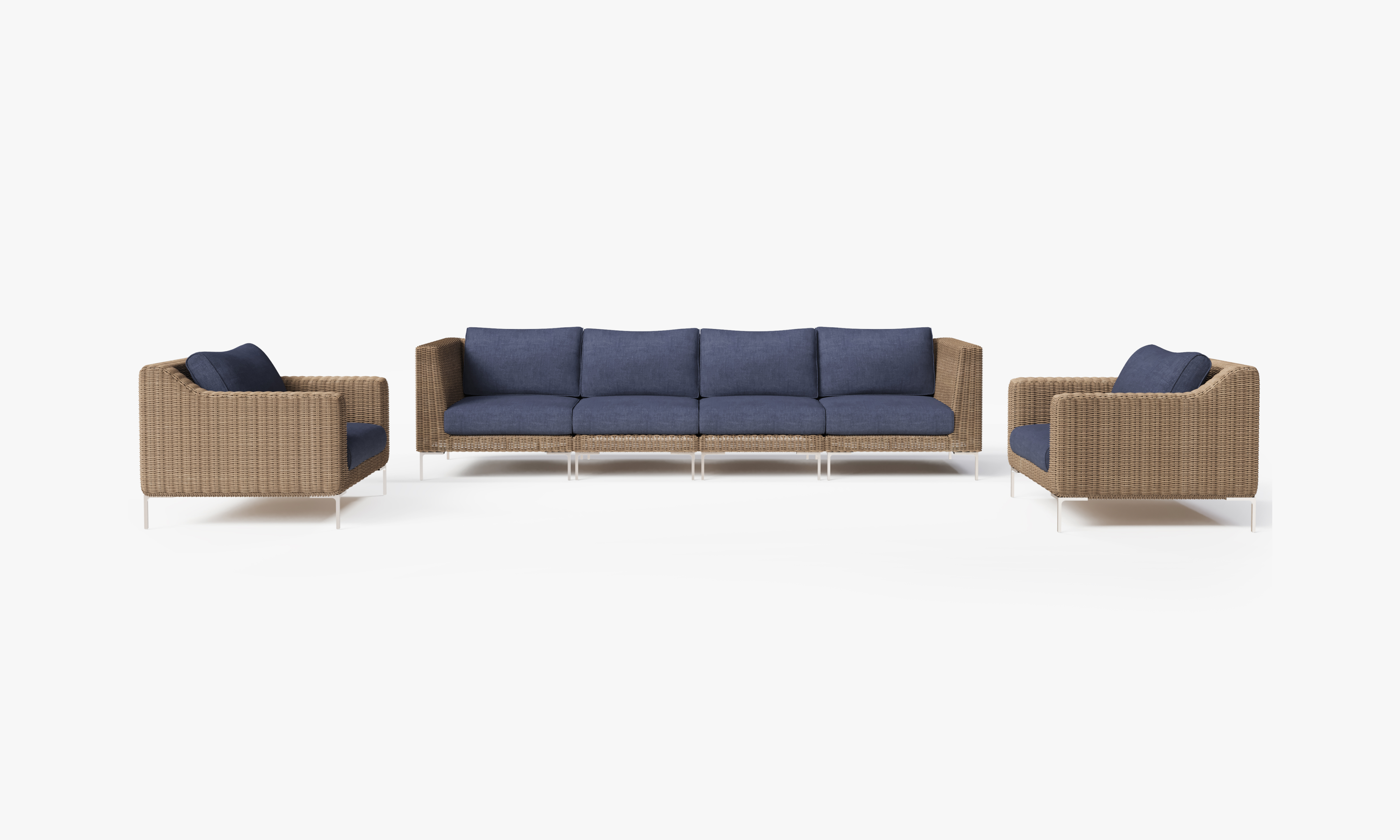 Brown Wicker Outdoor Sofa with Armchairs - 6 Seat, front. Comfortable, durable, and weather resistant outdoor seating with memory foam. #color_deep sea navy