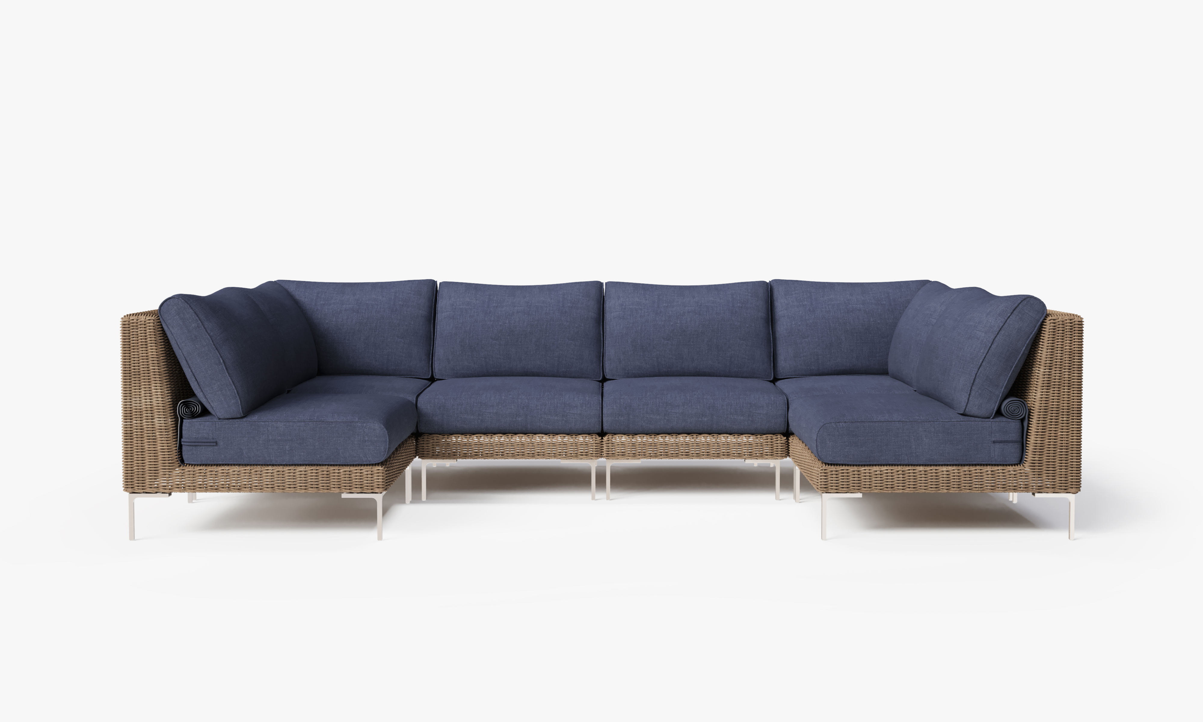 Brown Wicker Outdoor U Sectional - 6 Seat, front. Comfortable, durable, and weather resistant outdoor seating with memory foam. #color_deep sea navy