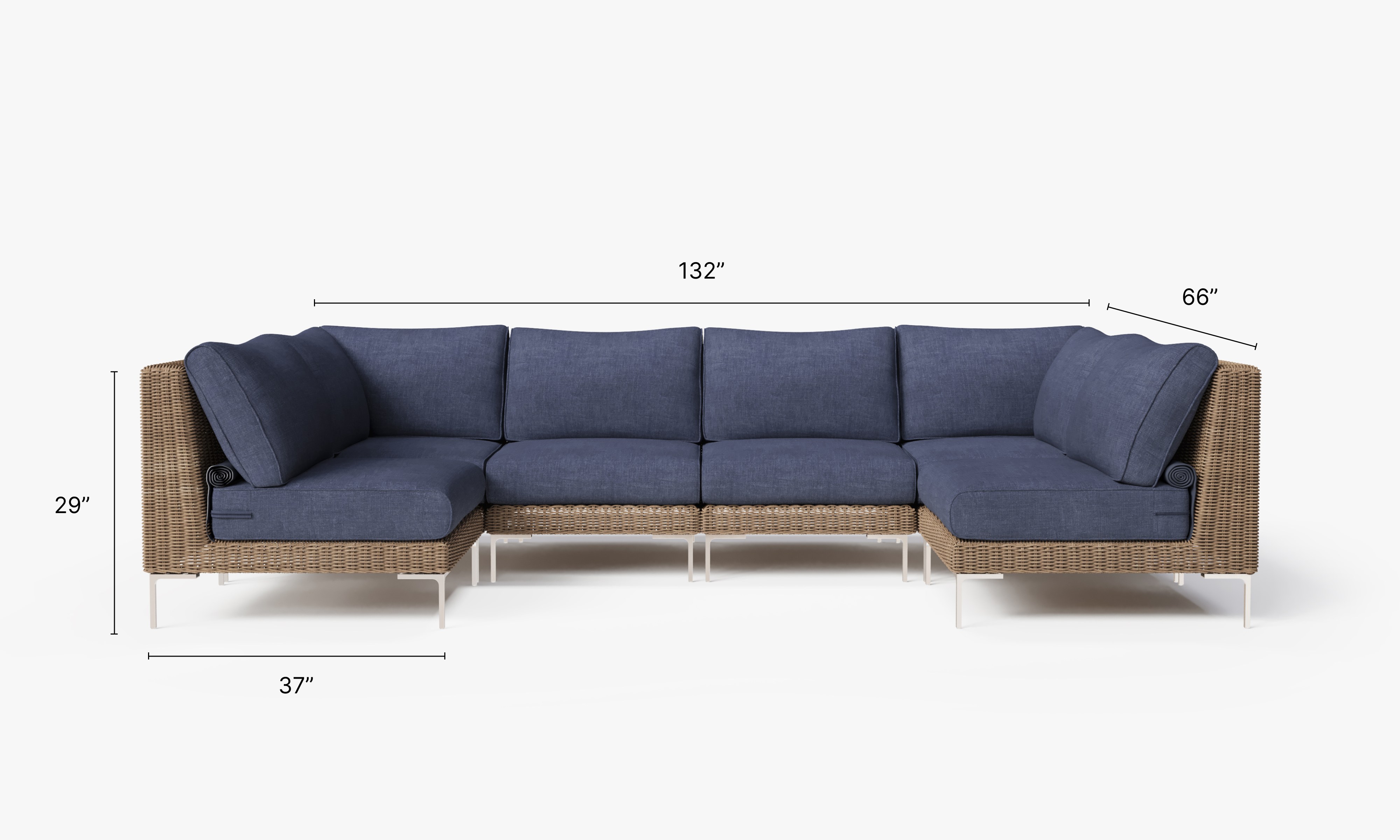 Brown Wicker Outdoor U Sectional - 6 Seat dimensions in inches, also listed under Dimensions and Weights. #color_deep sea navy