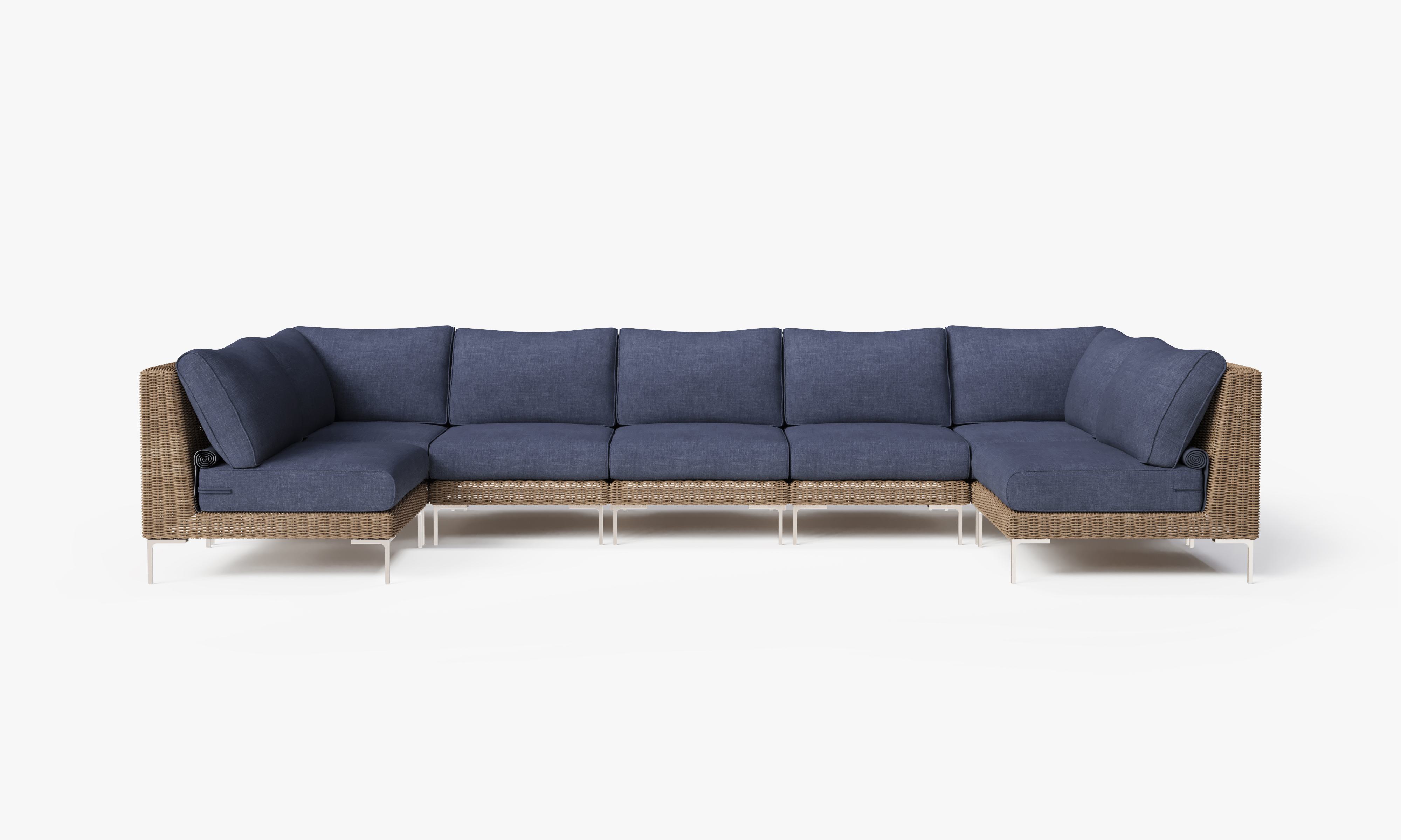Brown Wicker Outdoor U Sectional - 7 Seat, front. Comfortable, durable, and weather resistant outdoor seating with memory foam. #color_deep sea navy