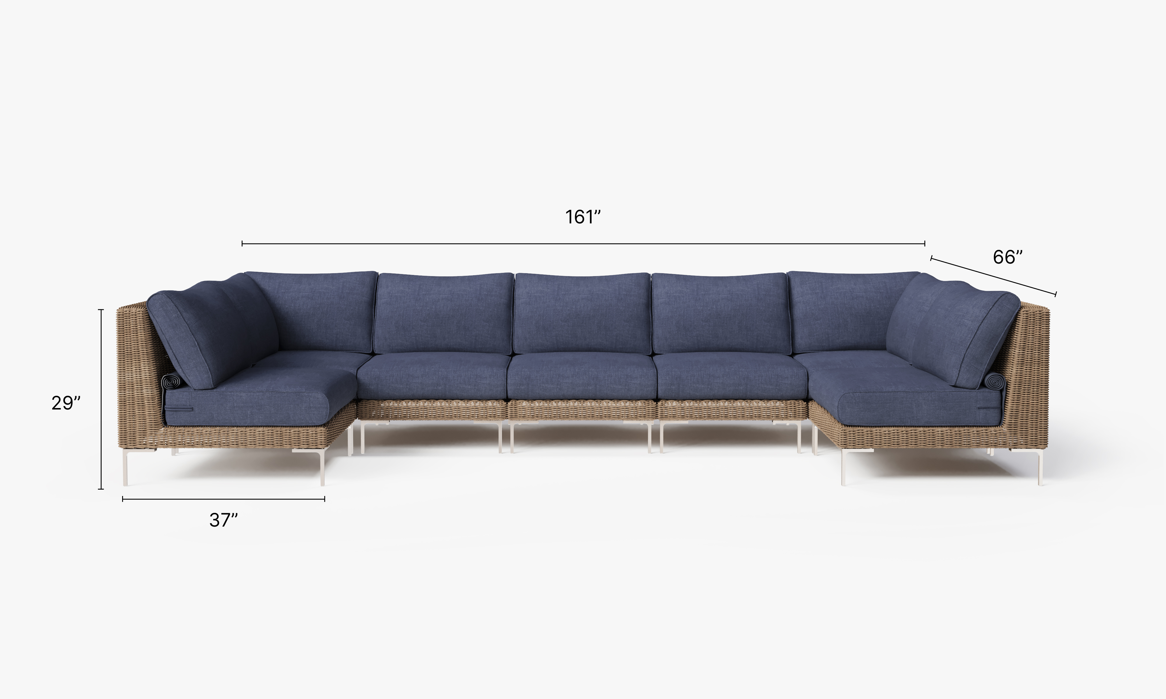 Brown Wicker Outdoor U Sectional - 7 Seat dimensions in inches, also listed under Dimensions and Weights. #color_deep sea navy