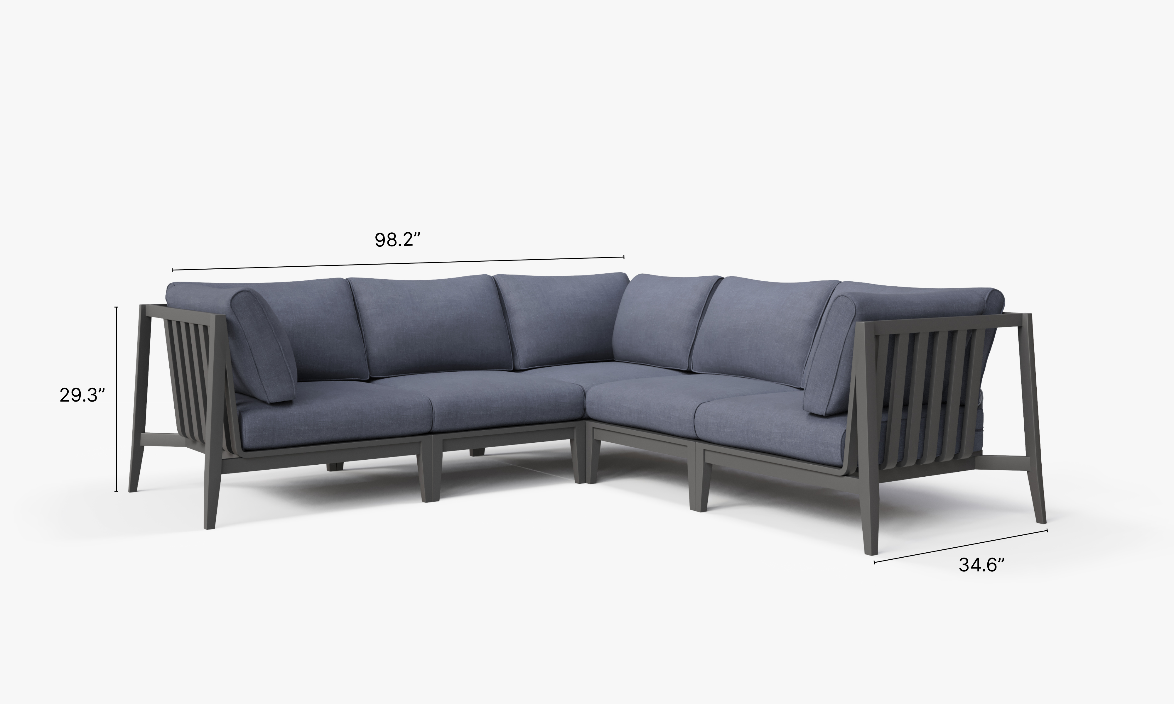 Charcoal Aluminum Outdoor Corner Sectional - 5 Seat dimensions in inches, also listed under Dimensions and Weights. #color_deep sea navy