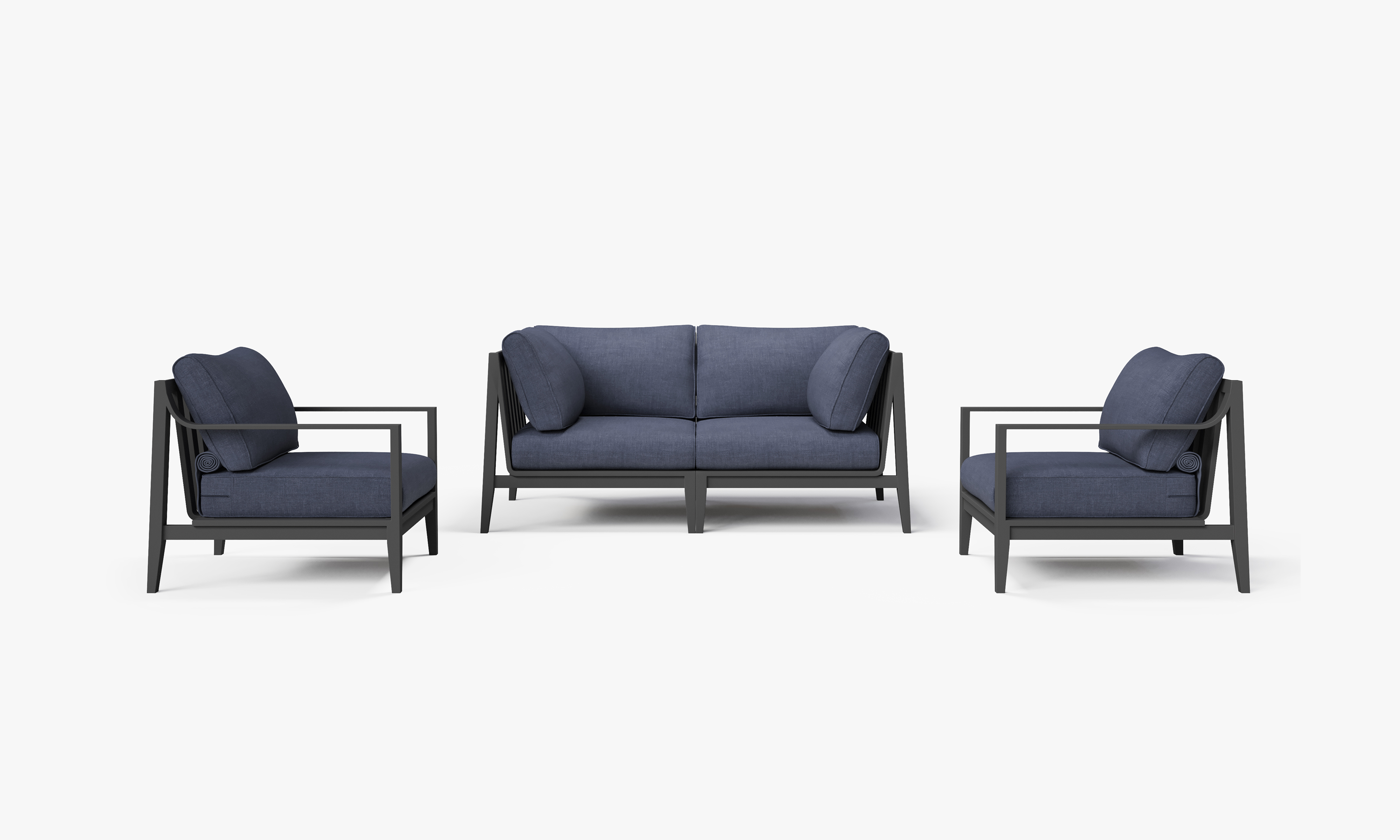 Charcoal Aluminum Outdoor Loveseat with Armchairs - 4 Seat, front. Comfortable, durable, and weather resistant outdoor seating with memory foam. #color_deep sea navy