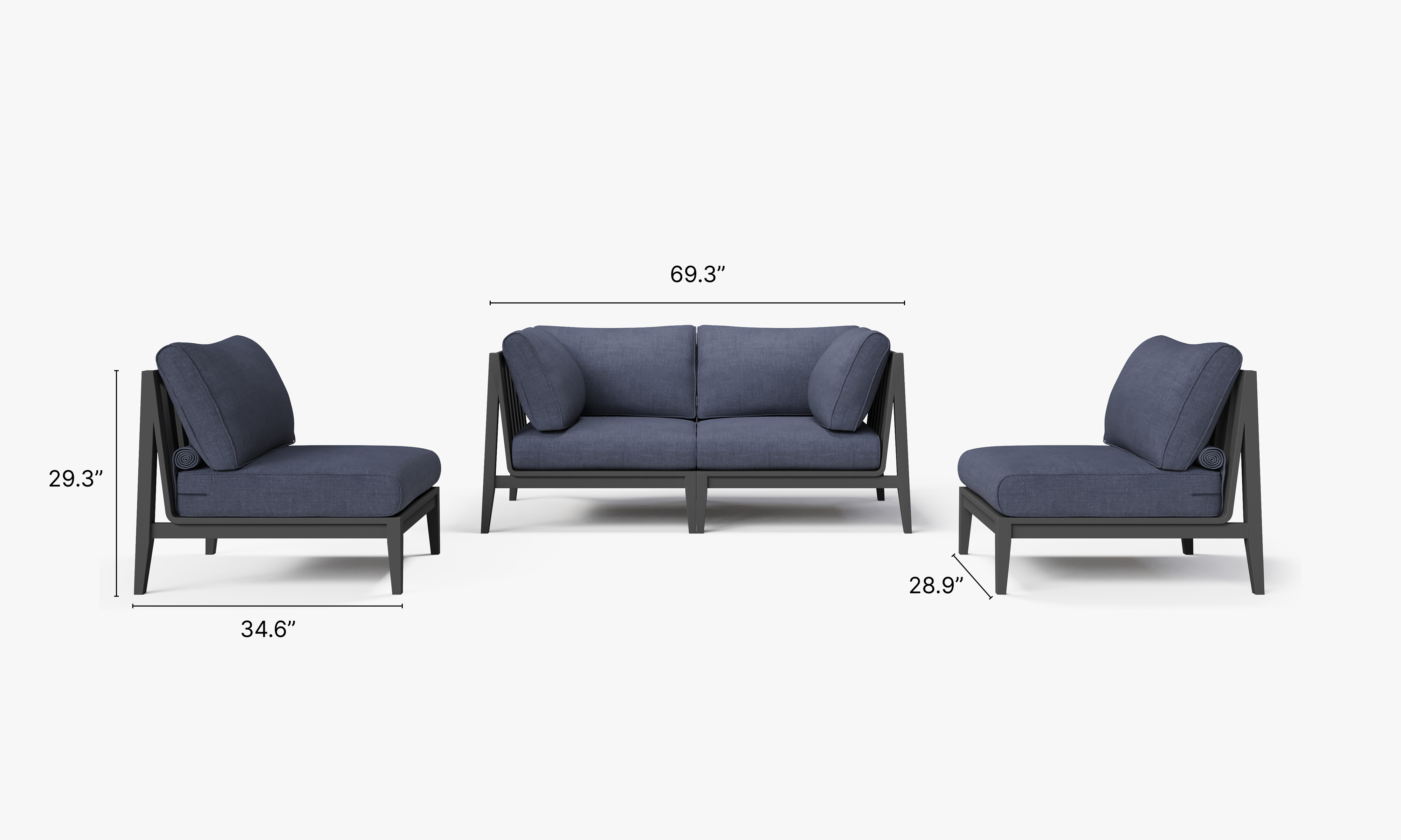 Charcoal Aluminum Outdoor Loveseat with Armless Chairs - 4 Seat dimensions in inches, also listed under Dimensions and Weights. #color_deep sea navy