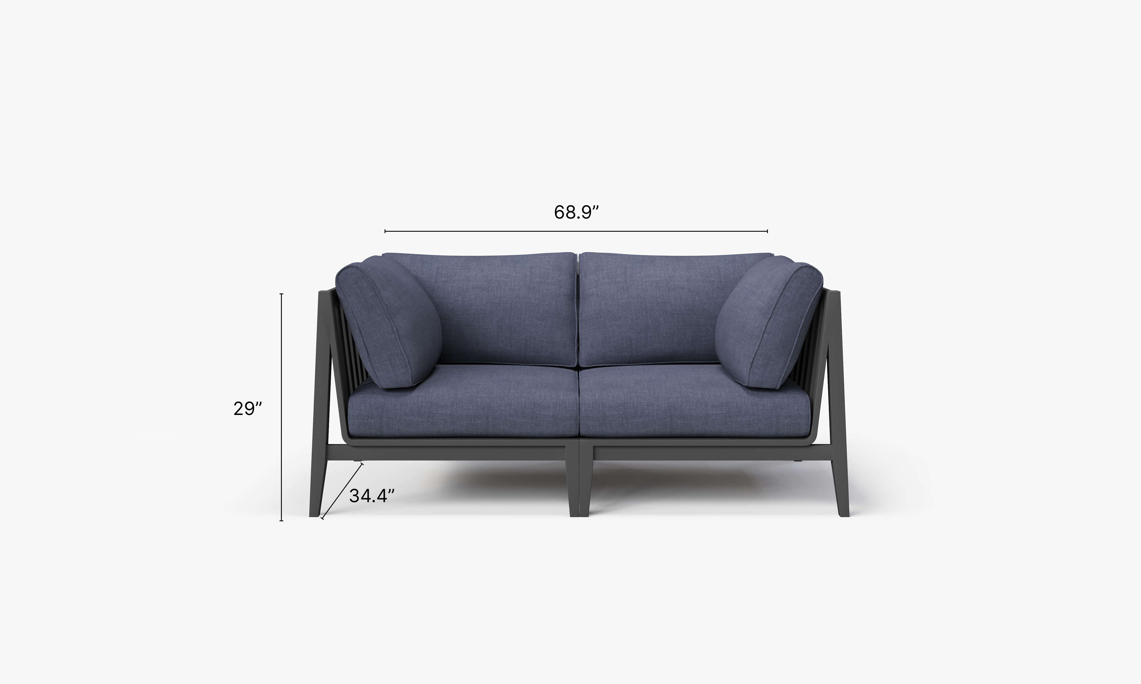 Charcoal Aluminum Outdoor Loveseat dimensions in inches, also listed under Dimensions and Weights. #color_deep sea navy
