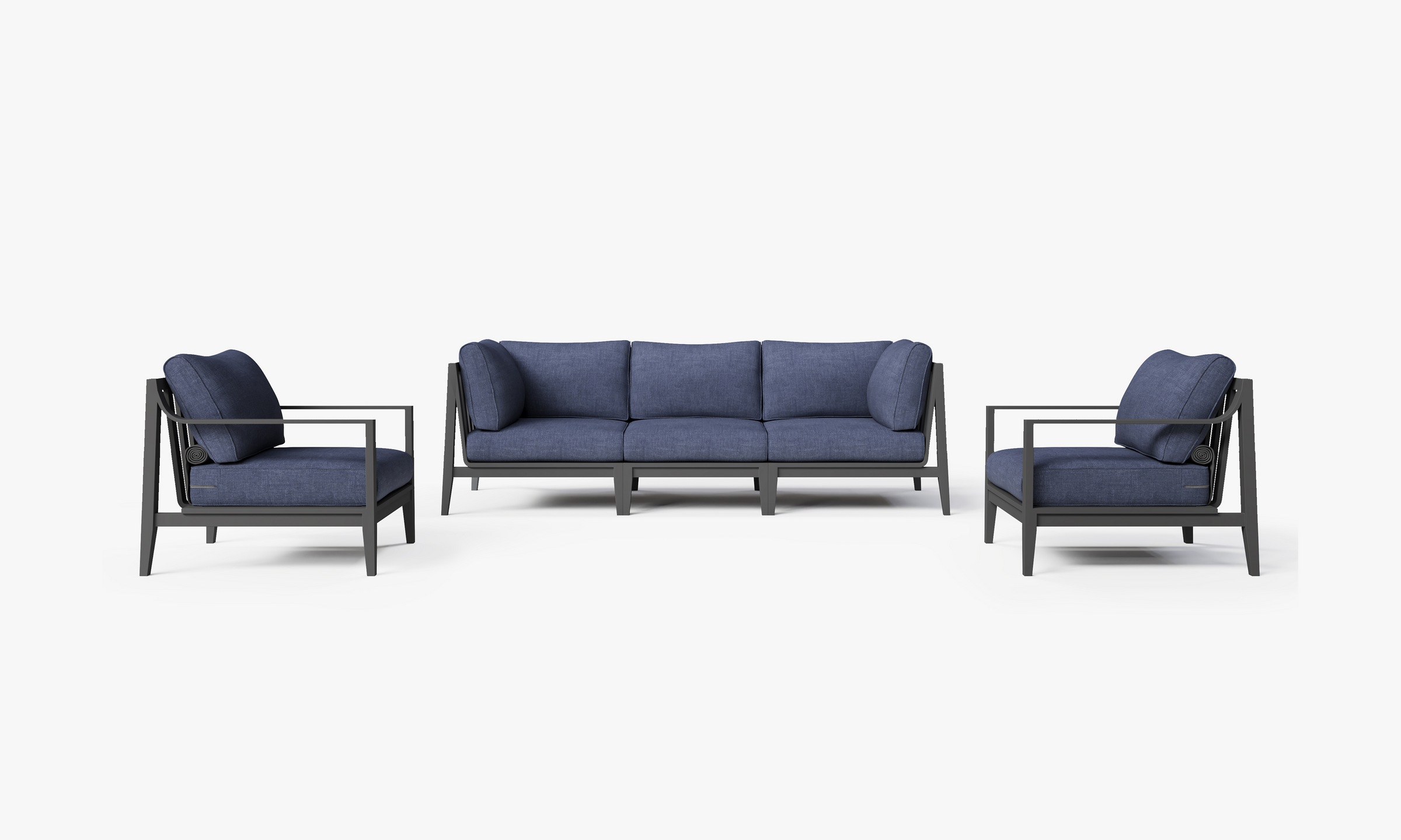 Charcoal aluminum outdoor sofa with armchairs and Deep Sea Navy cushions