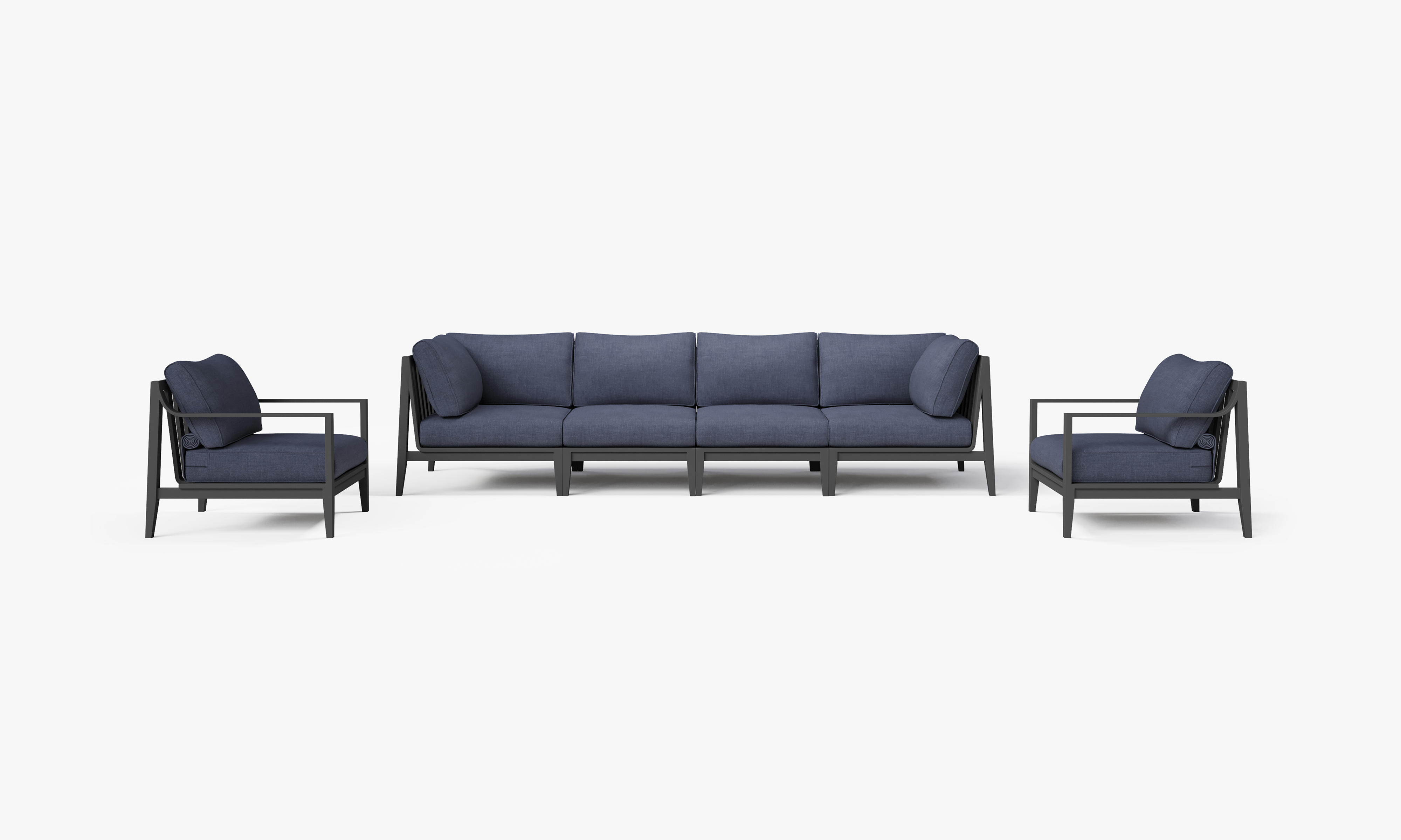 Charcoal Aluminum Outdoor Sofa with Armchairs - 6 Seat, front. Comfortable, durable, and weather resistant outdoor seating with memory foam. #color_deep sea navy