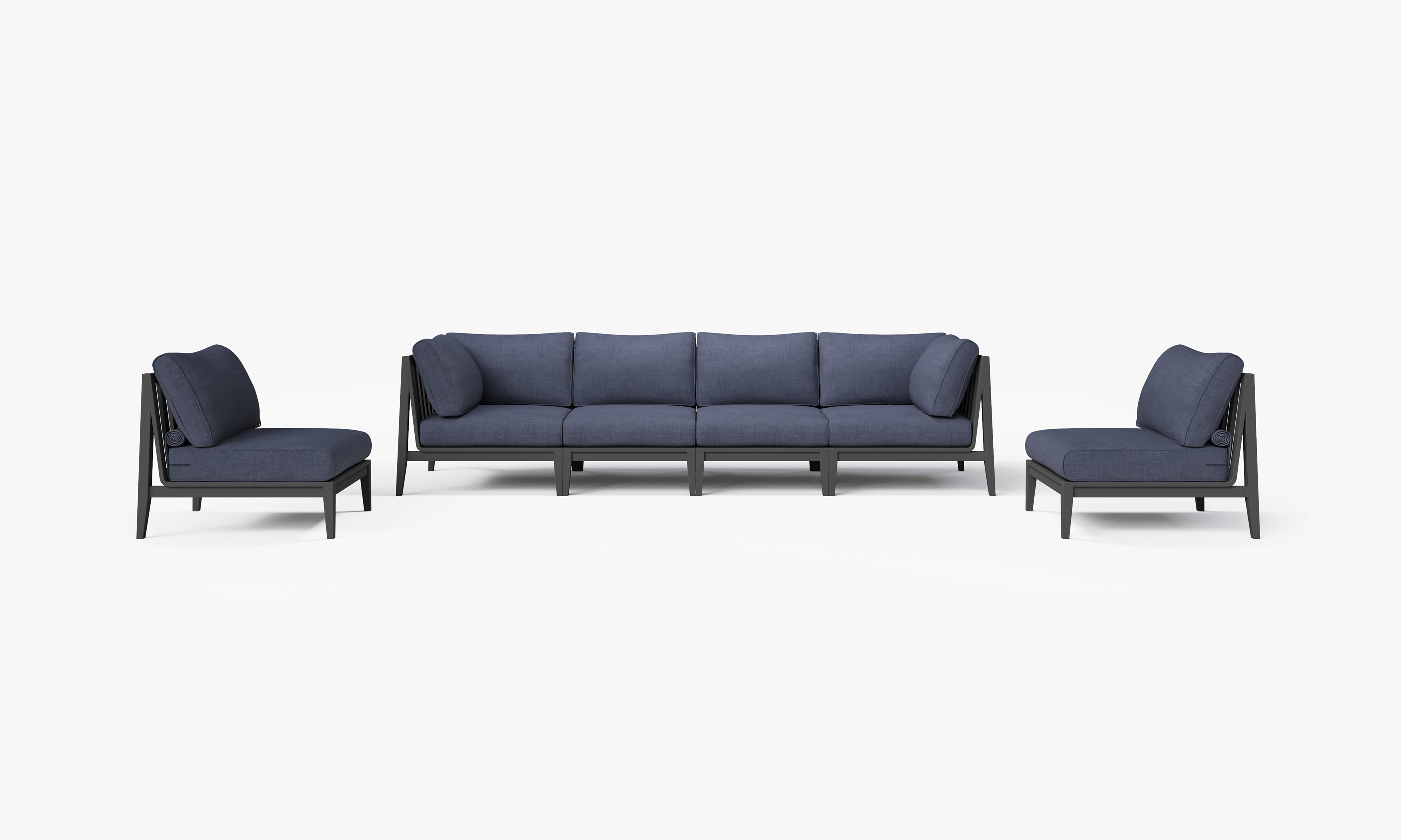 Charcoal Aluminum Outdoor Sofa with Armless Chairs - 6 Seat, front. Comfortable, durable, and weather resistant outdoor seating with memory foam. #color_deep sea navy