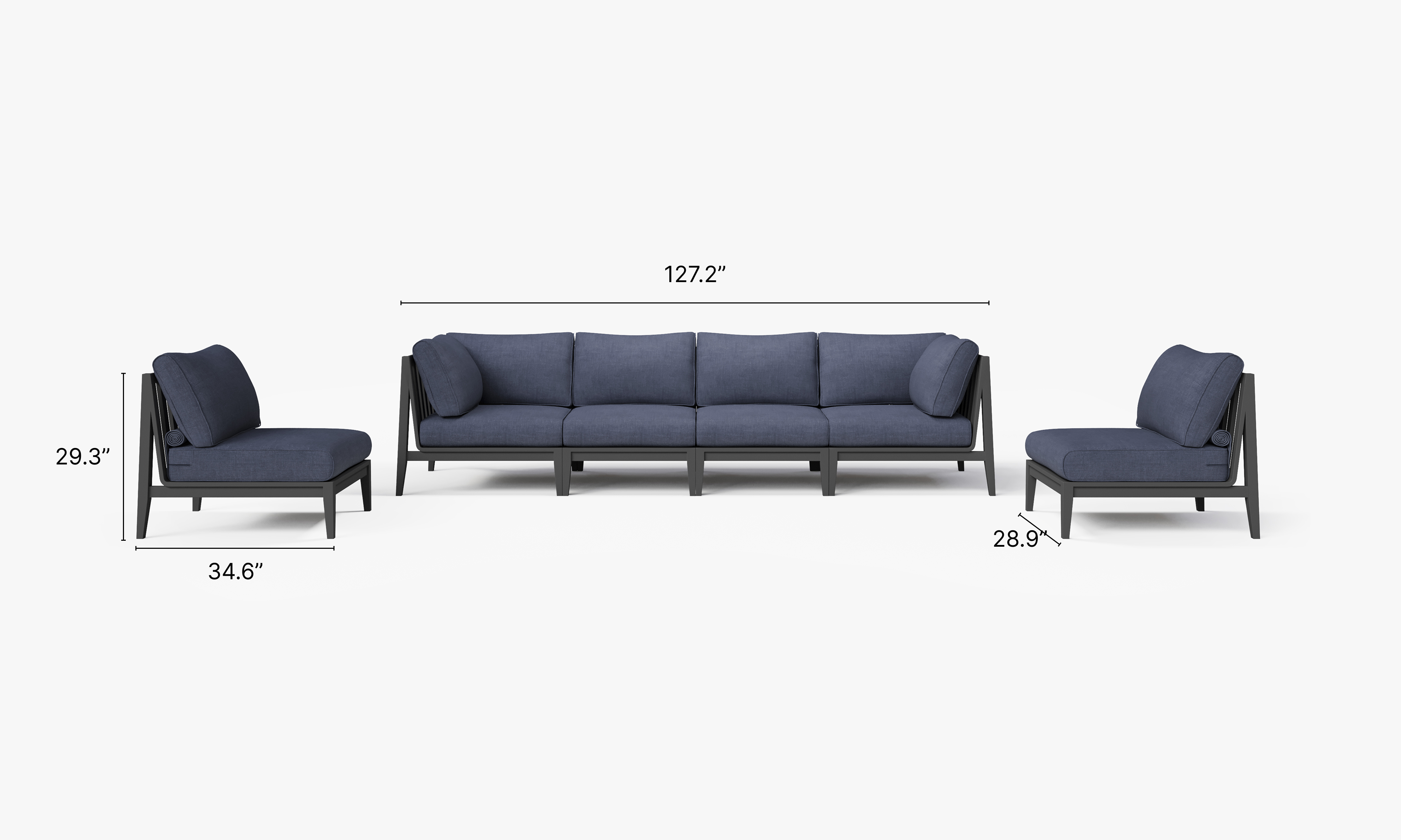 Charcoal Aluminum Outdoor Sofa with Armless Chairs - 6 Seat dimensions in inches, also listed under Dimensions and Weights. #color_deep sea navy