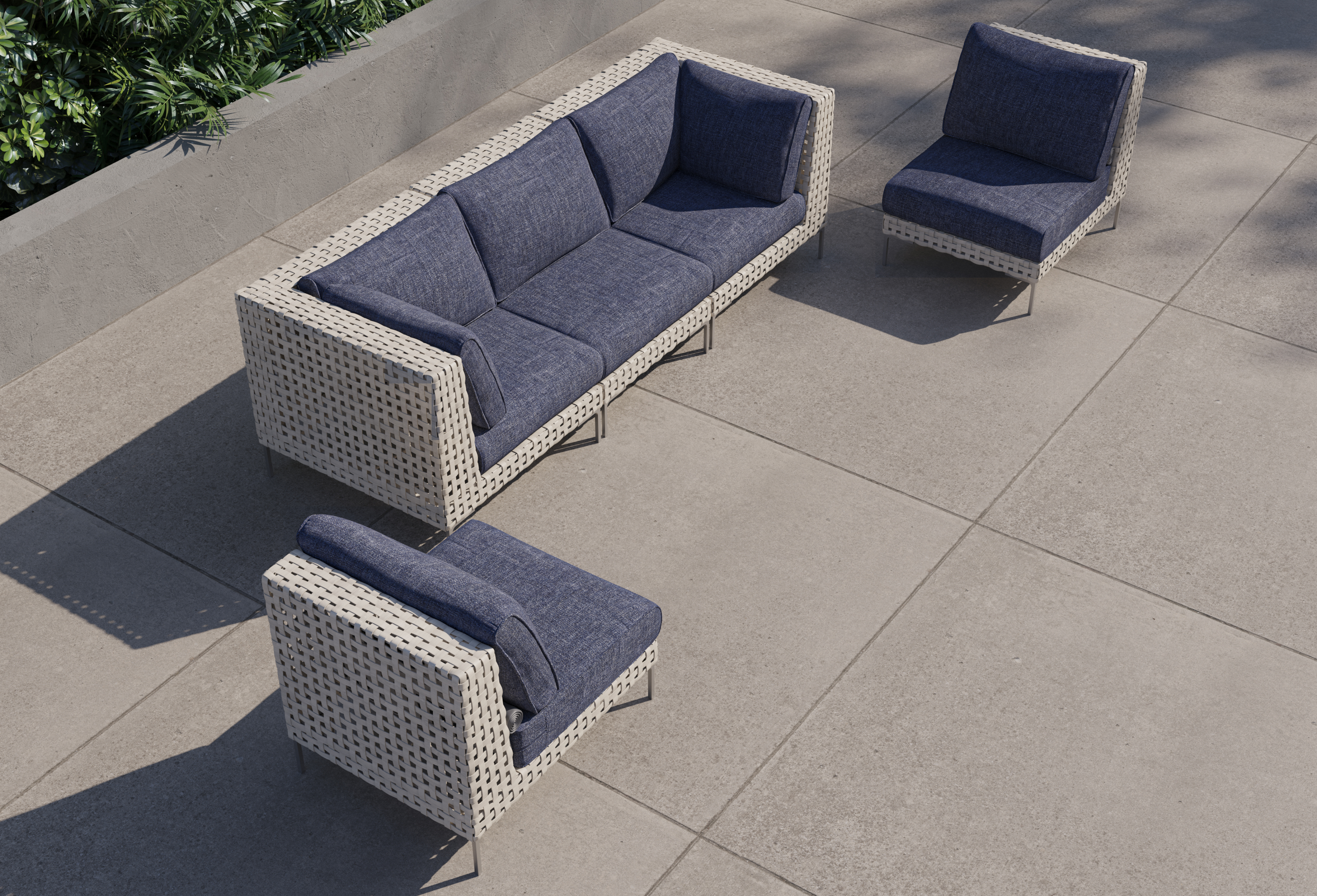 Open Weave Wicker Outdoor Sofa with Armless Chairs - 5 Seat #color_deep sea navy