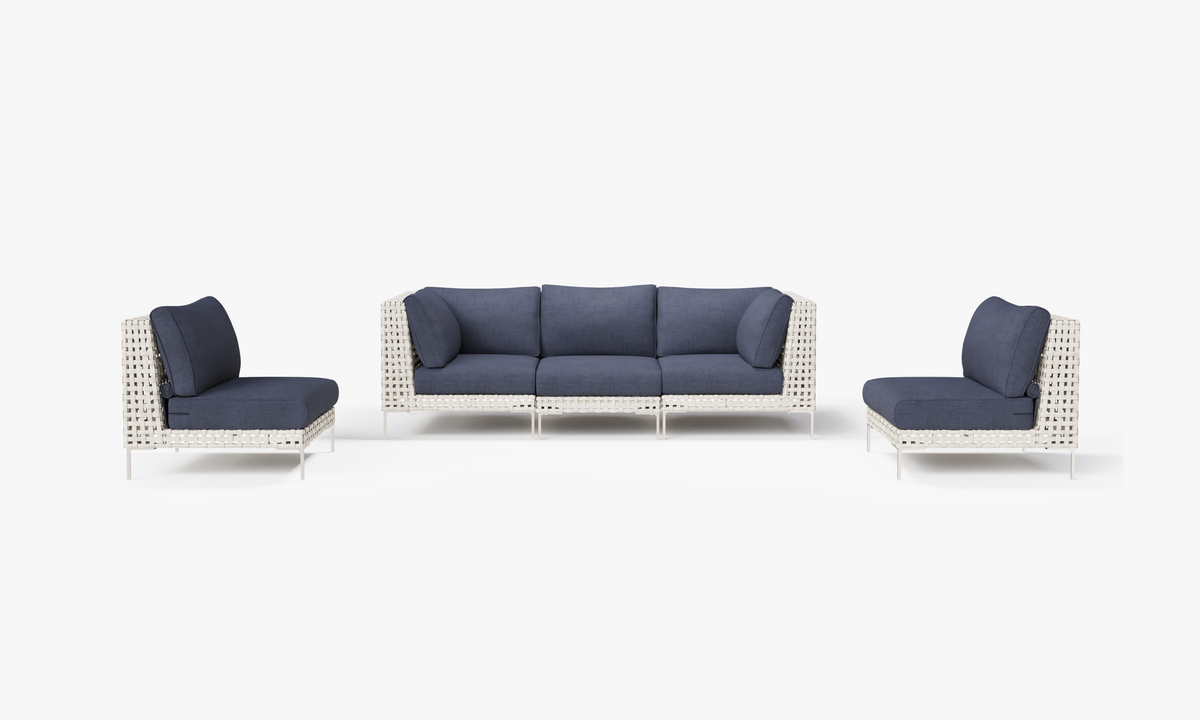Open Weave Wicker Outdoor Sofa with Armless Chairs - 5 Seat in Deep Sea Navy #color_deep sea navy